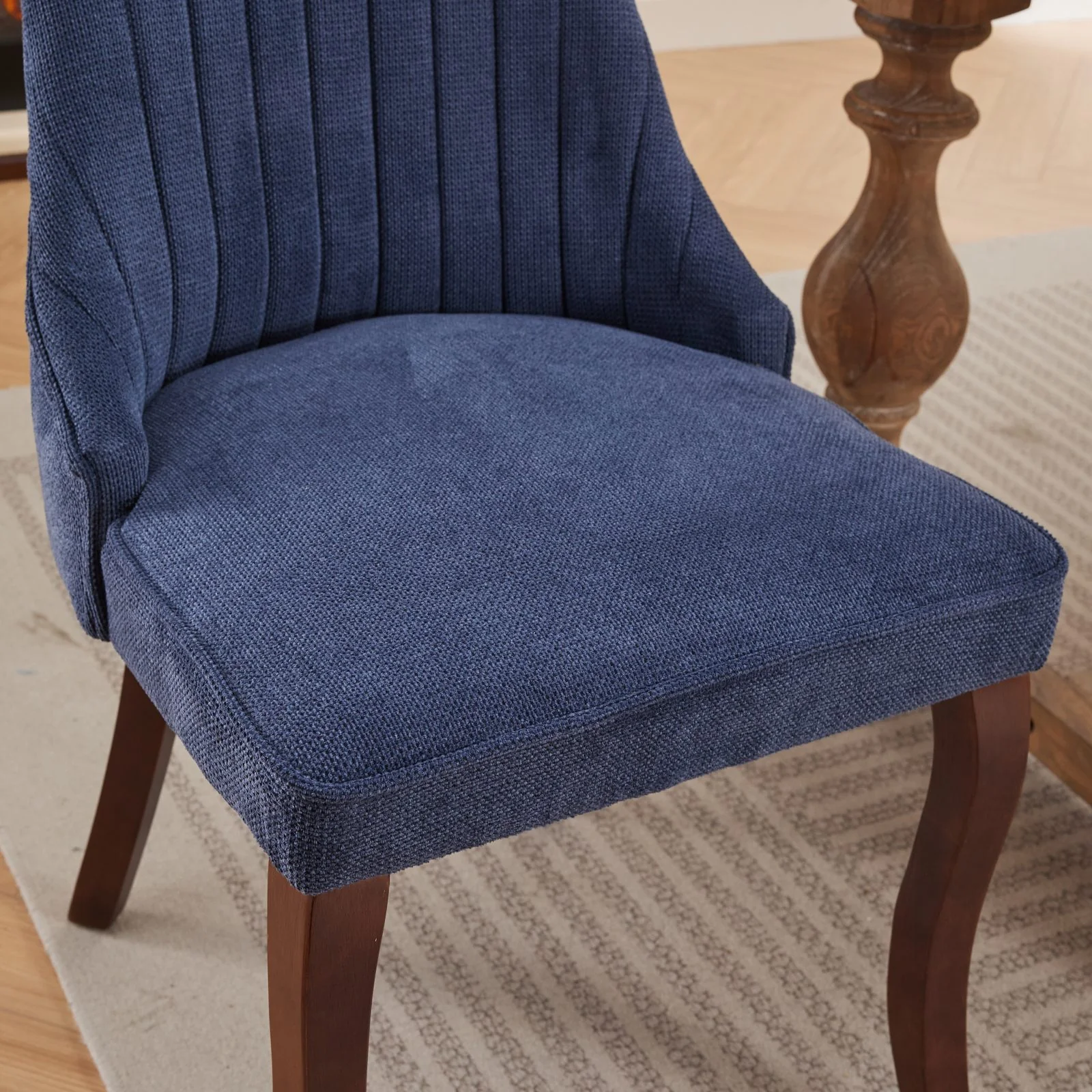 Dining Chairs Set of 2 Channel Upholstered Solid Wood Legs - Blue Linen - Image 10