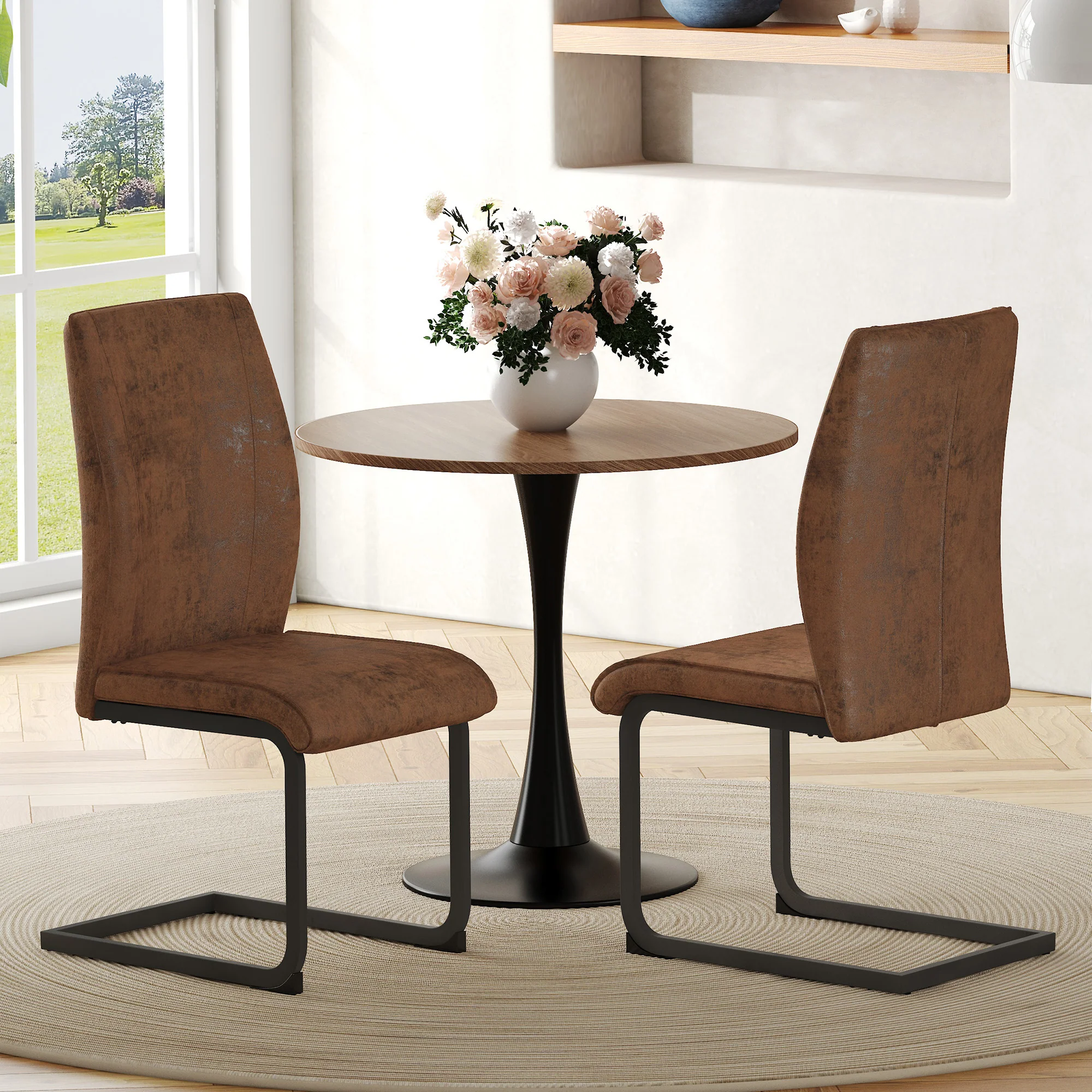 Dining Chairs Set of 2 Ergonomic Design - Faux Leather Brown - Image 2