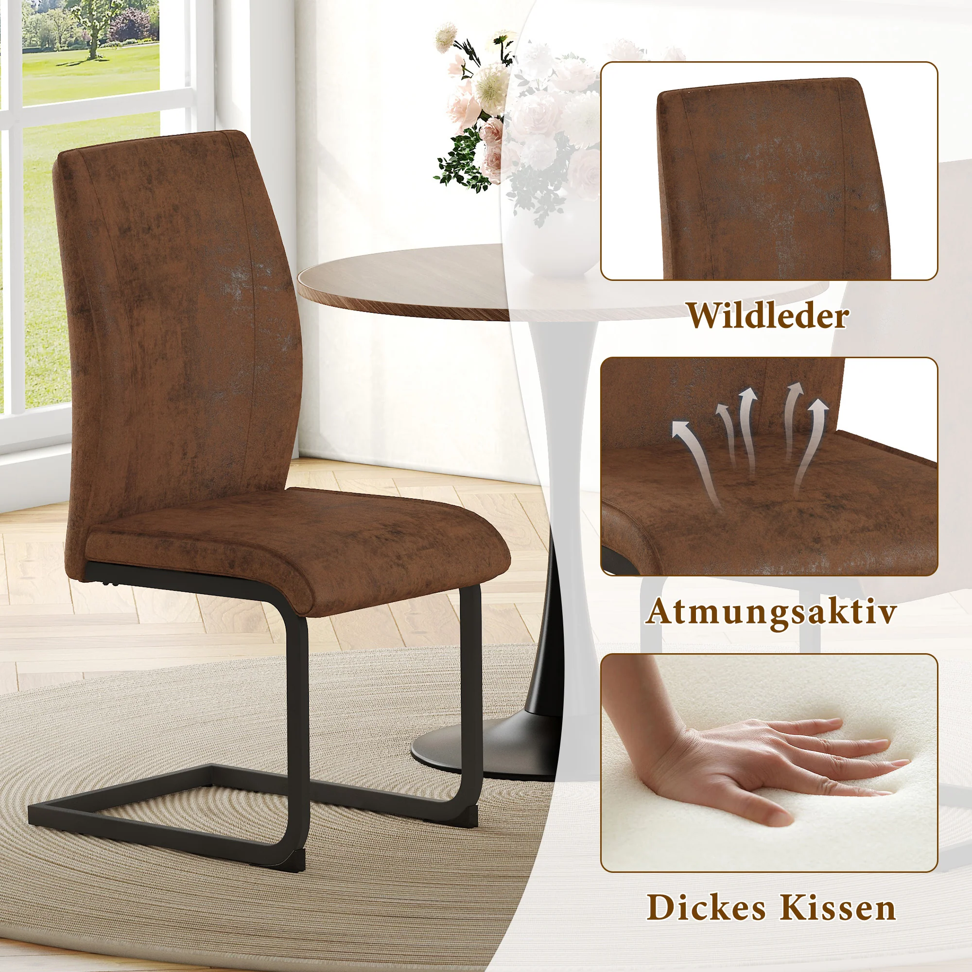 Dining Chairs Set of 2 Ergonomic Design - Faux Leather Brown - Image 4