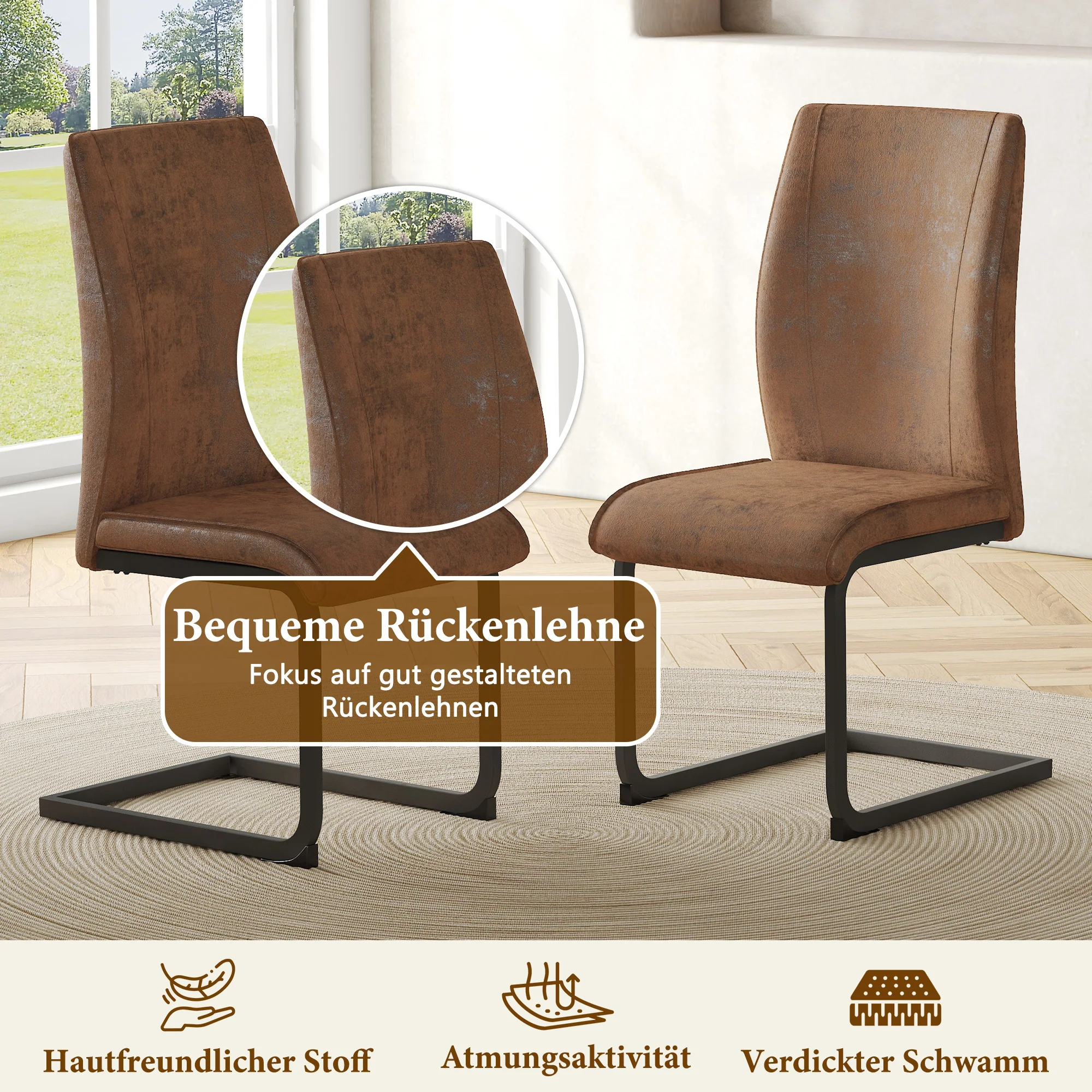 Dining Chairs Set of 2 Ergonomic Design - Faux Leather Brown - Image 5