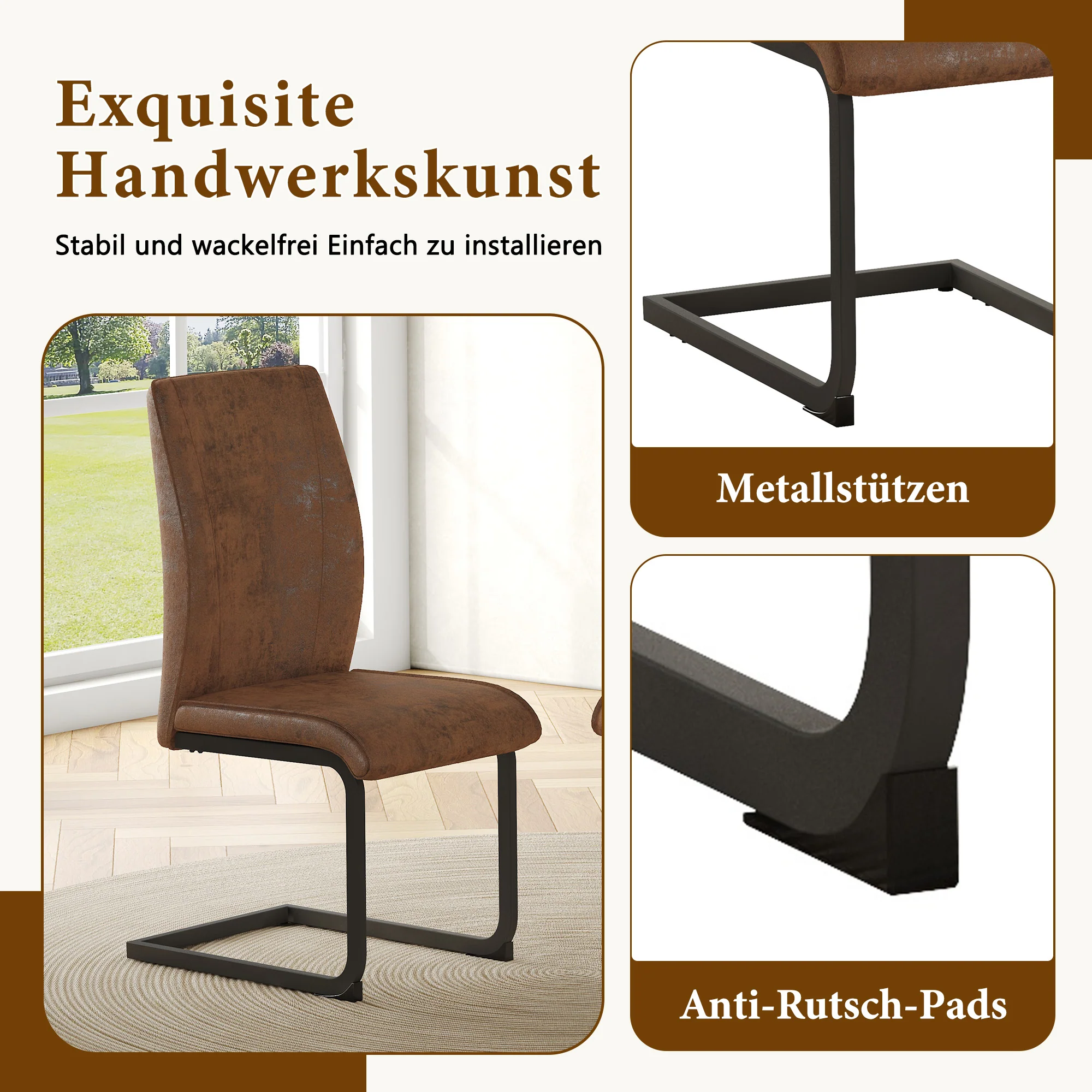 Dining Chairs Set of 2 Ergonomic Design - Faux Leather Brown - Image 6