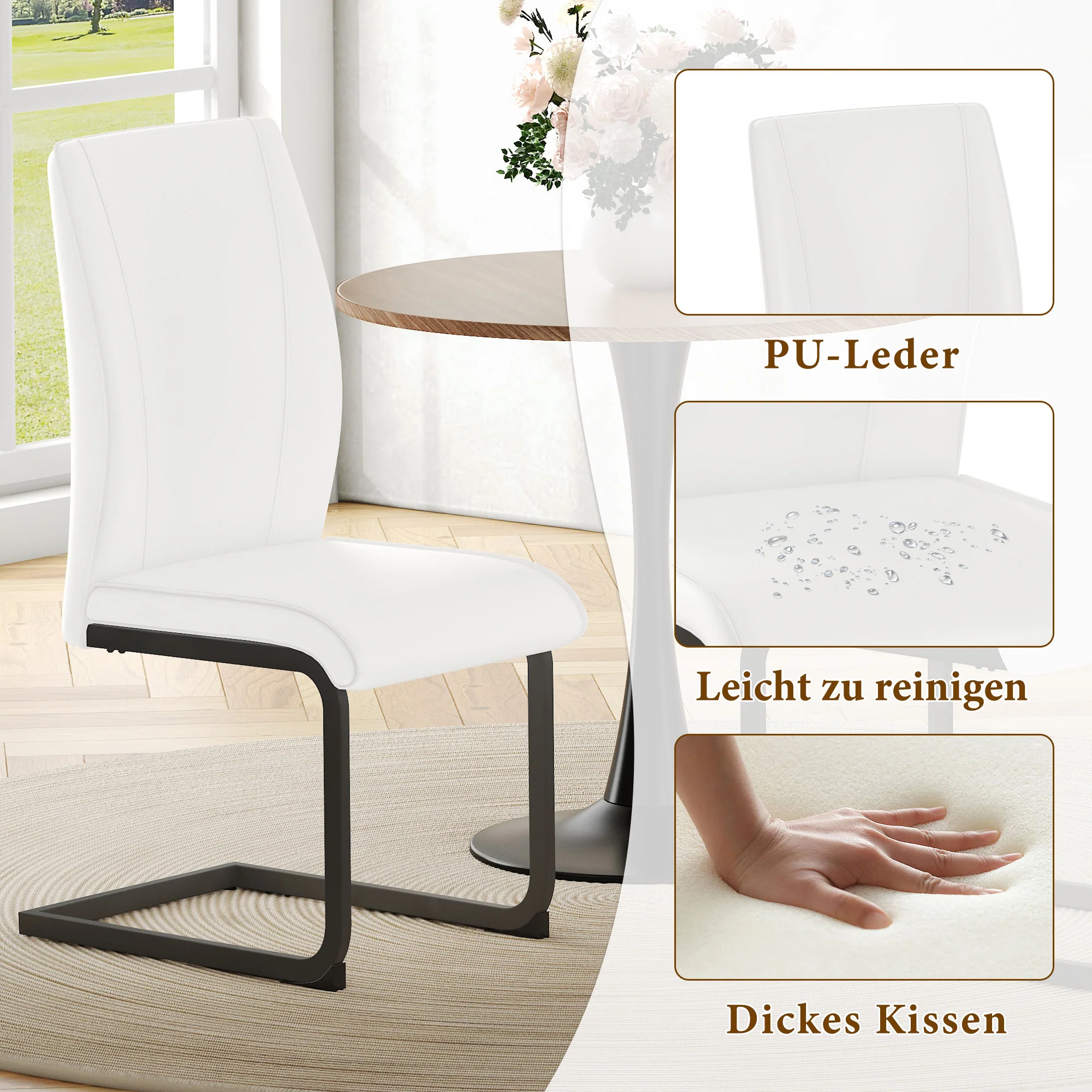 Dining Chairs Set of 2 Faux Leather Ergonomic Black Metal Legs - White - Image 4