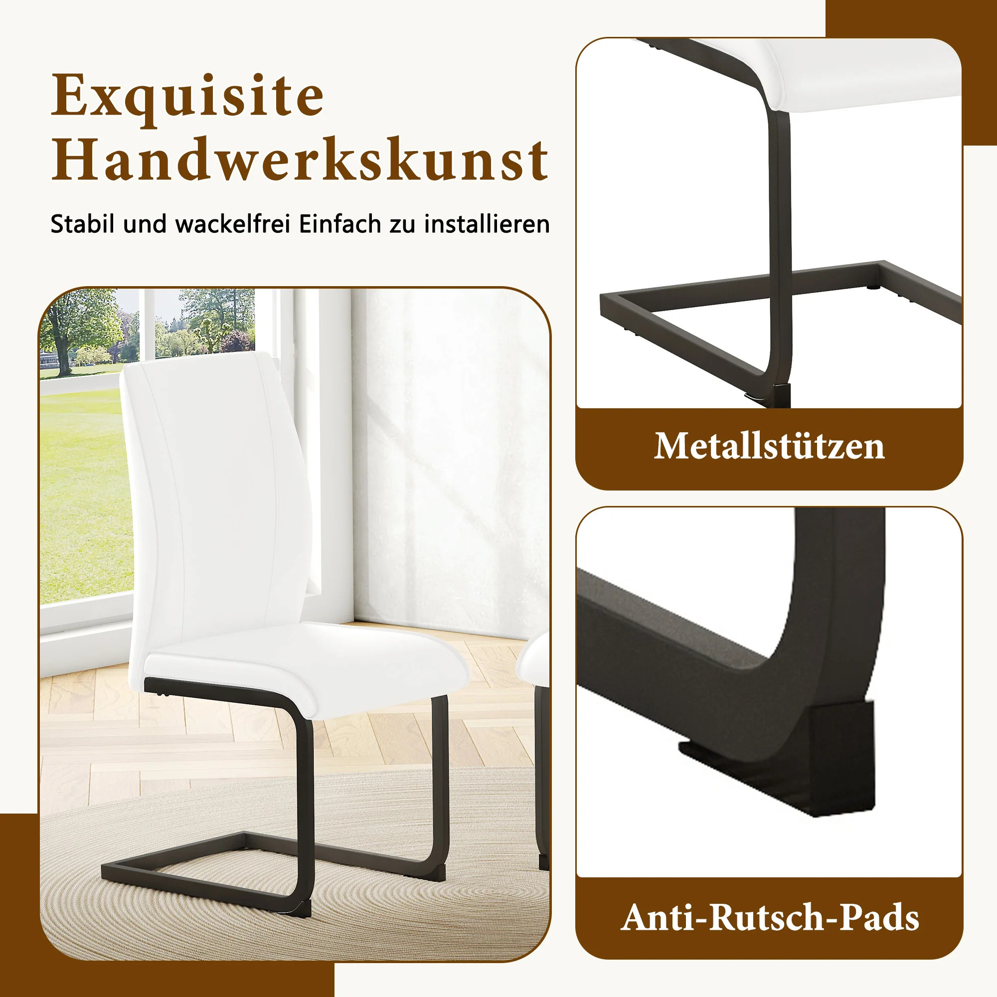 Dining Chairs Set of 2 Faux Leather Ergonomic Black Metal Legs - White - Image 5