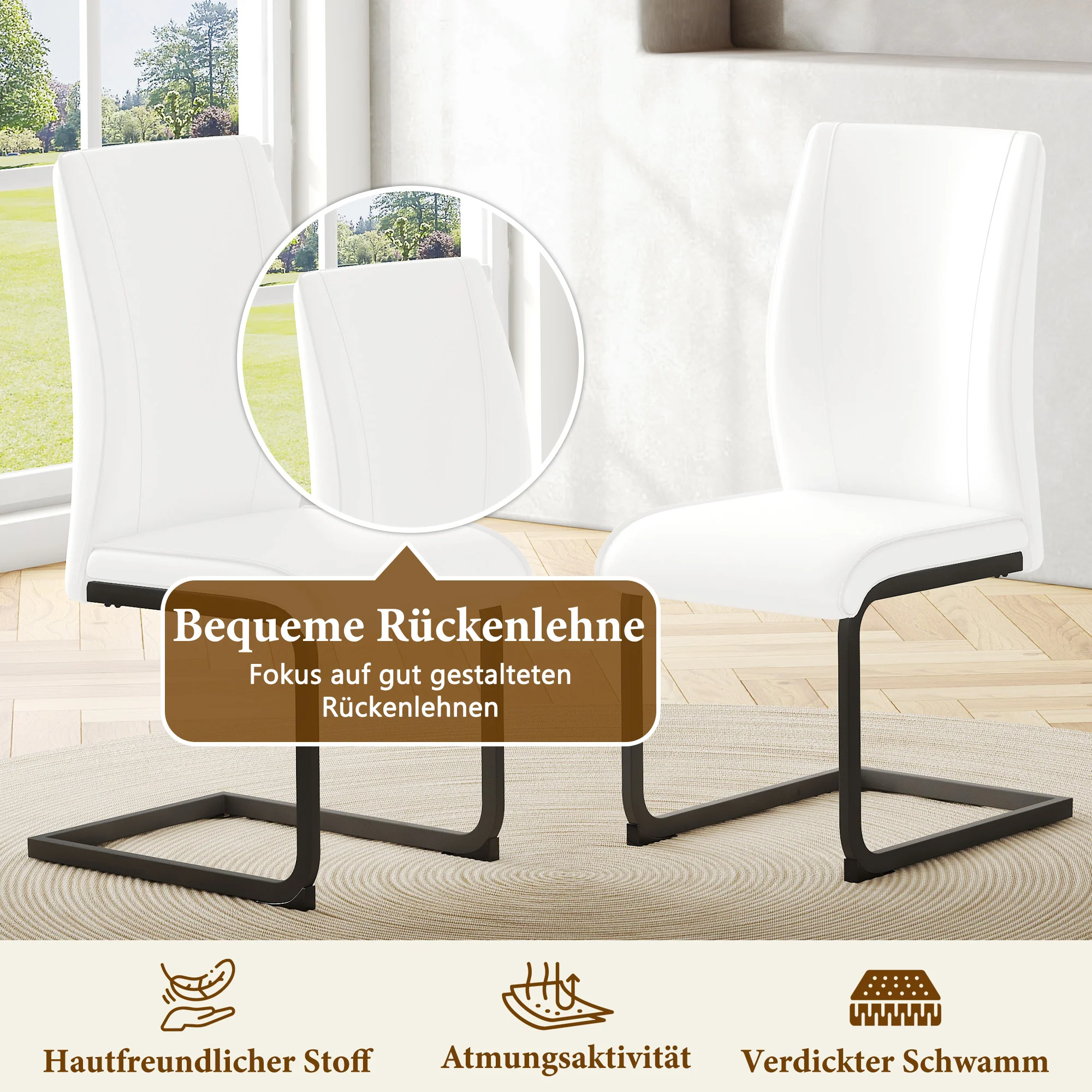 Dining Chairs Set of 2 Faux Leather Ergonomic Black Metal Legs - White - Image 6