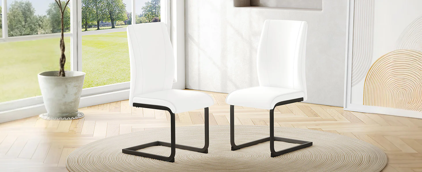Dining Chairs Set of 2 Faux Leather Ergonomic Black Metal Legs - White - Image 8