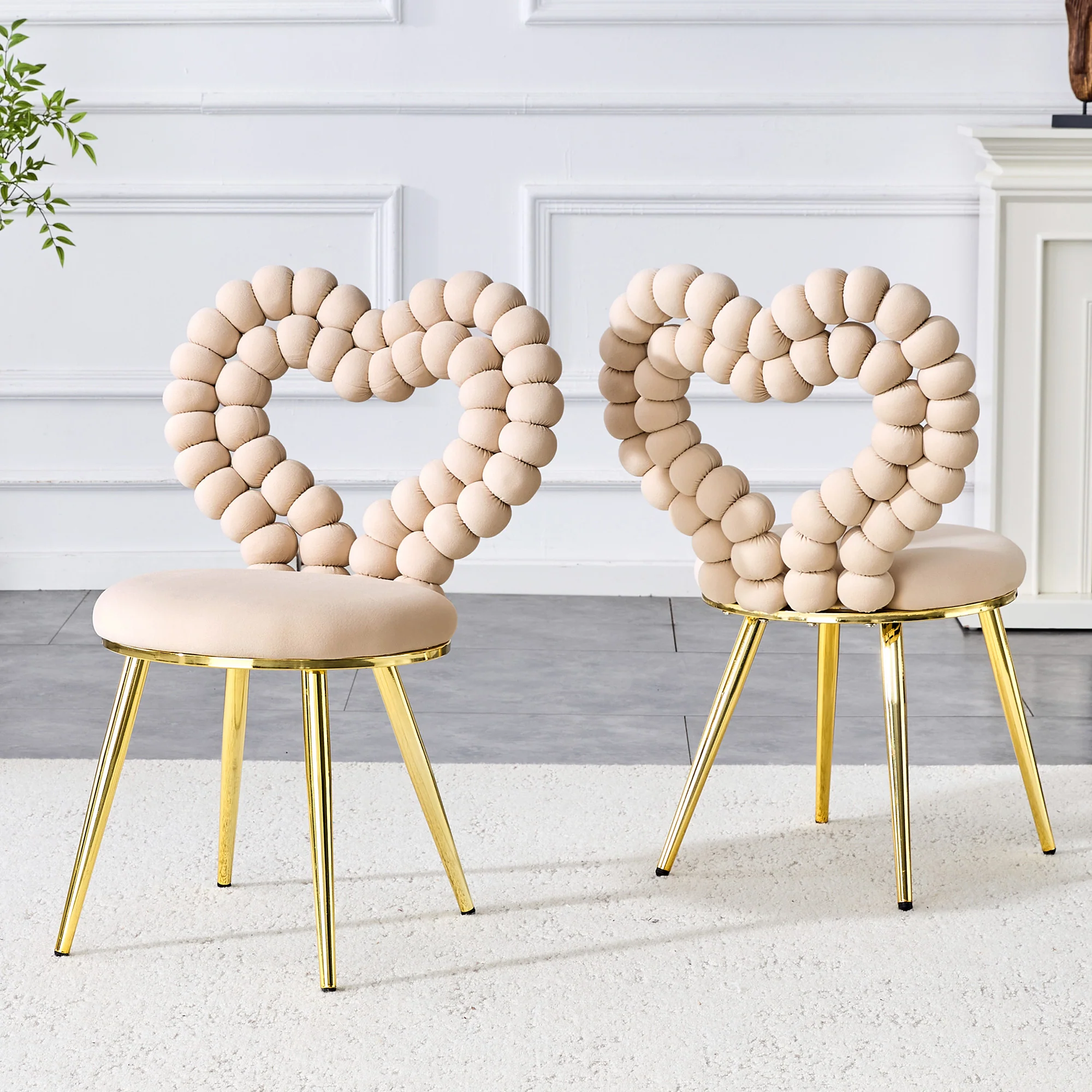 Dining Chairs (Set of 2) Heart Cutout Backrest Gold Metal Legs - Light Beige Velvet