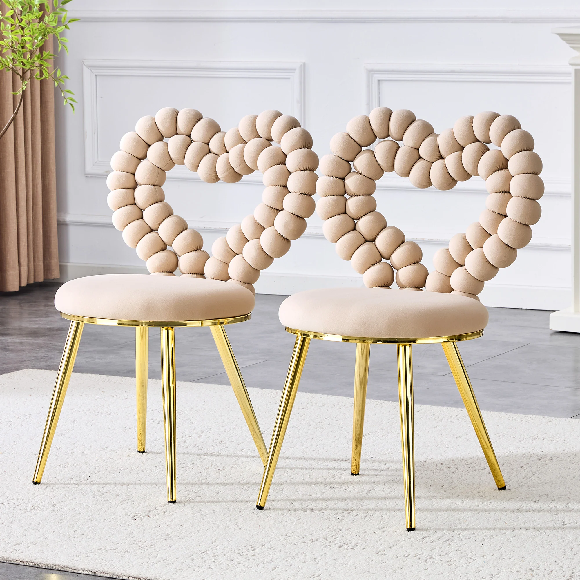 Dining Chairs (Set of 2) Heart Cutout Backrest Gold Metal Legs - Light Beige Velvet - Image 2