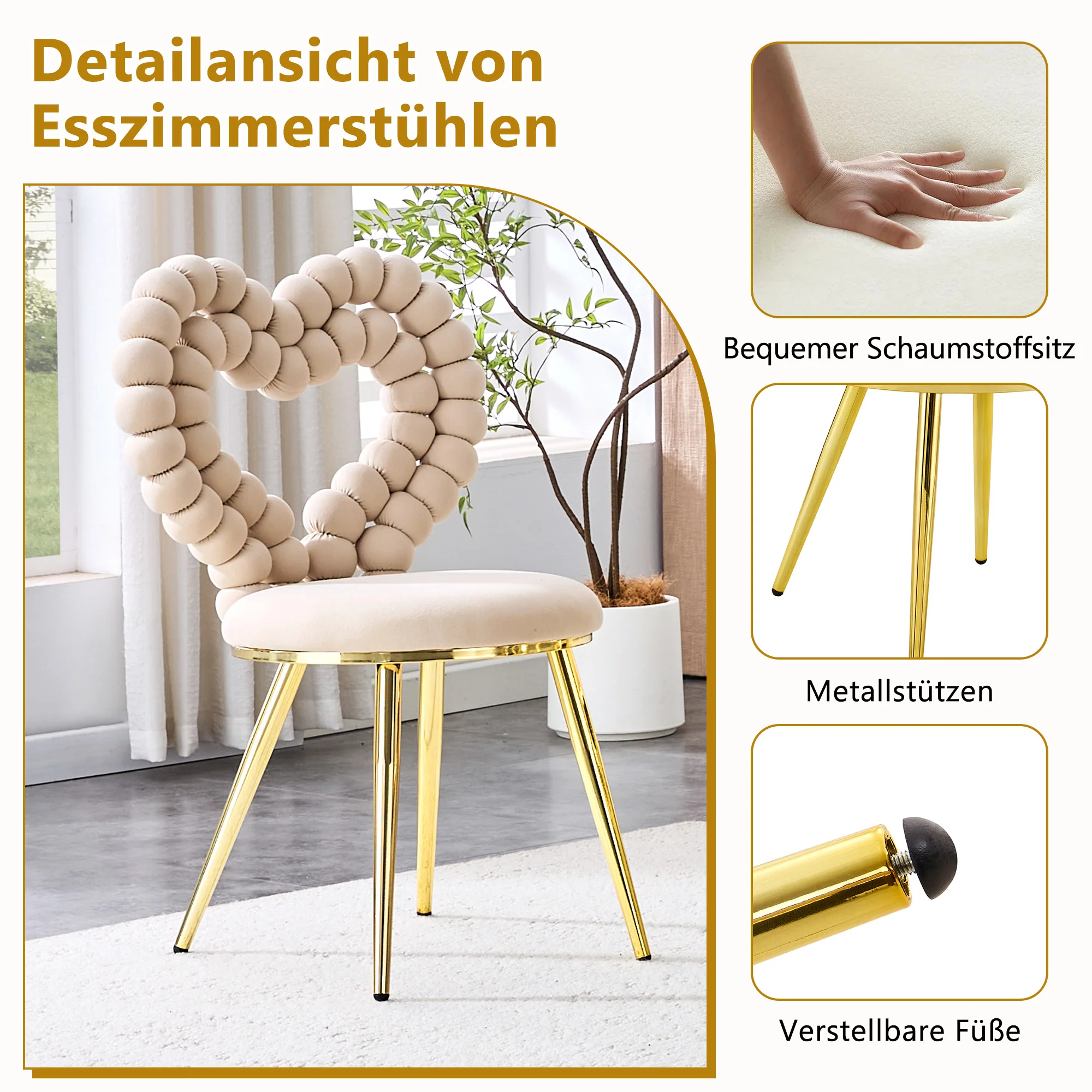 Dining Chairs (Set of 2) Heart Cutout Backrest Gold Metal Legs - Light Beige Velvet - Image 6