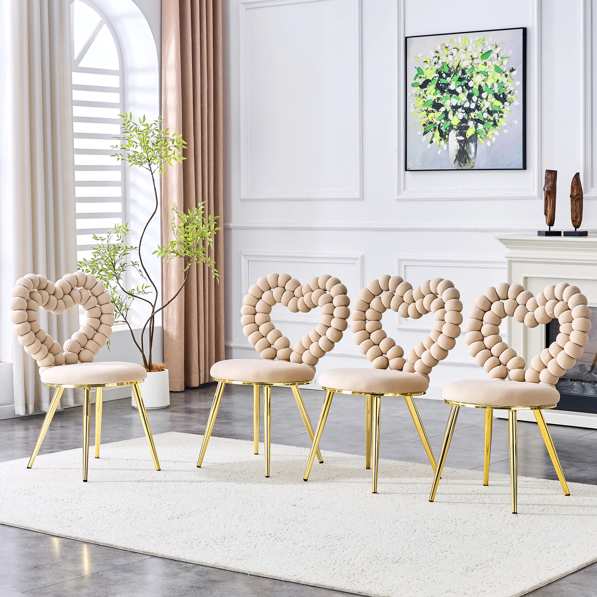 Dining Chairs (Set of 2) Heart Cutout Backrest Gold Metal Legs - Light Beige Velvet - Image 7
