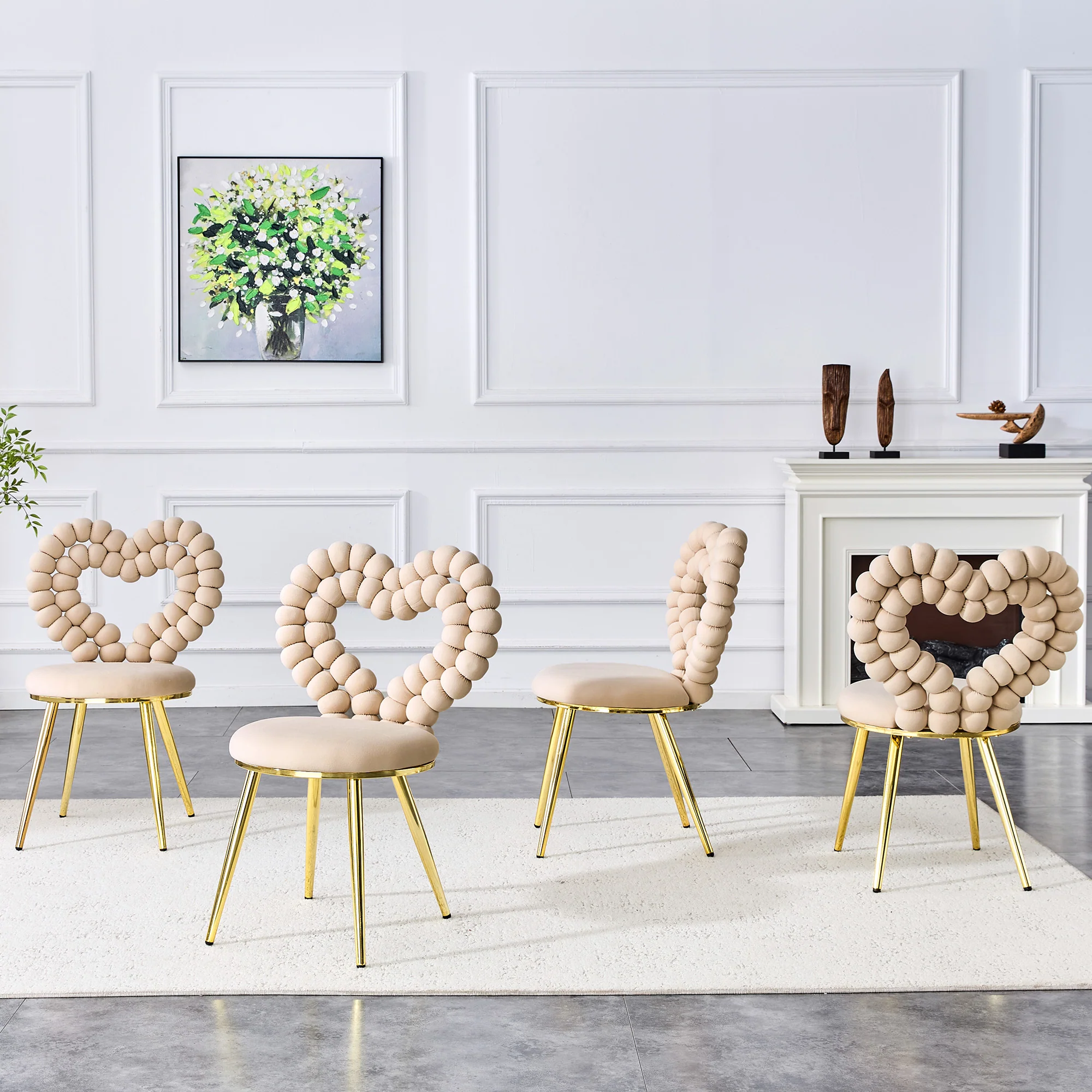 Dining Chairs (Set of 2) Heart Cutout Backrest Gold Metal Legs - Light Beige Velvet - Image 8