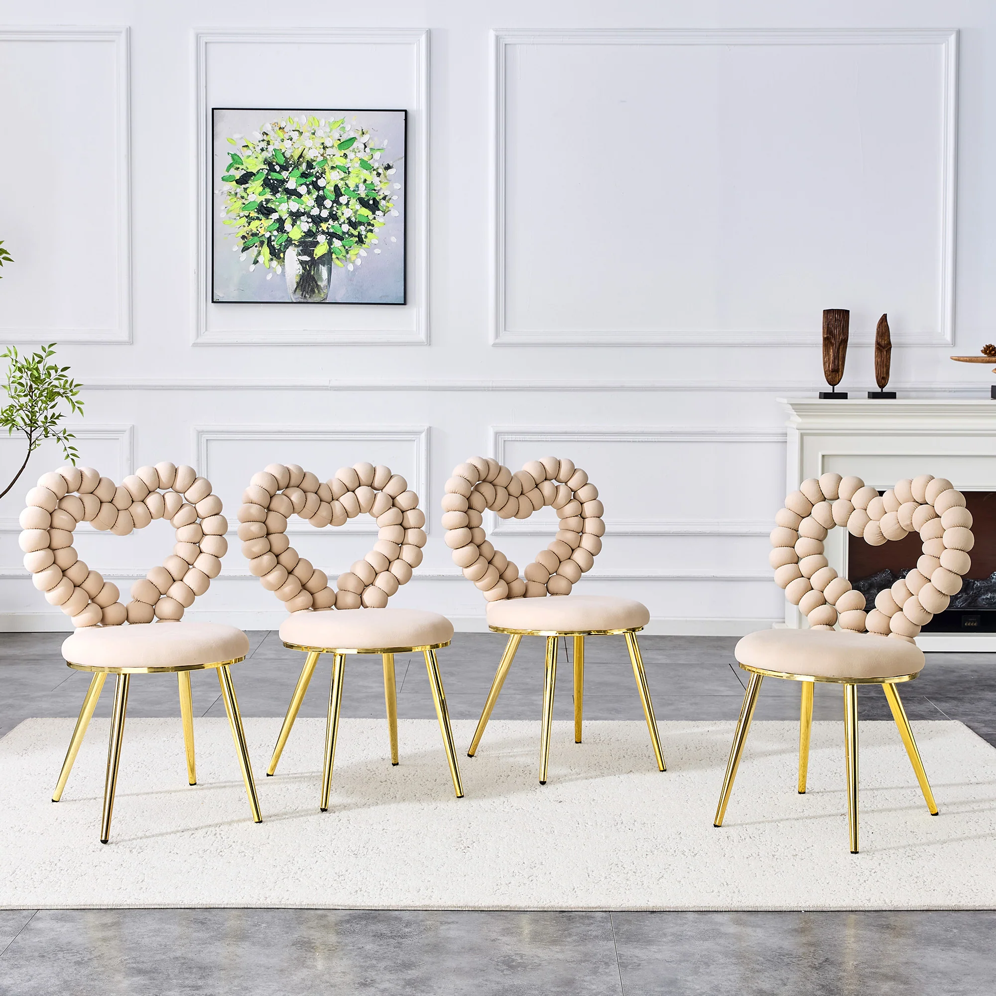 Dining Chairs (Set of 2) Heart Cutout Backrest Gold Metal Legs - Light Beige Velvet - Image 9