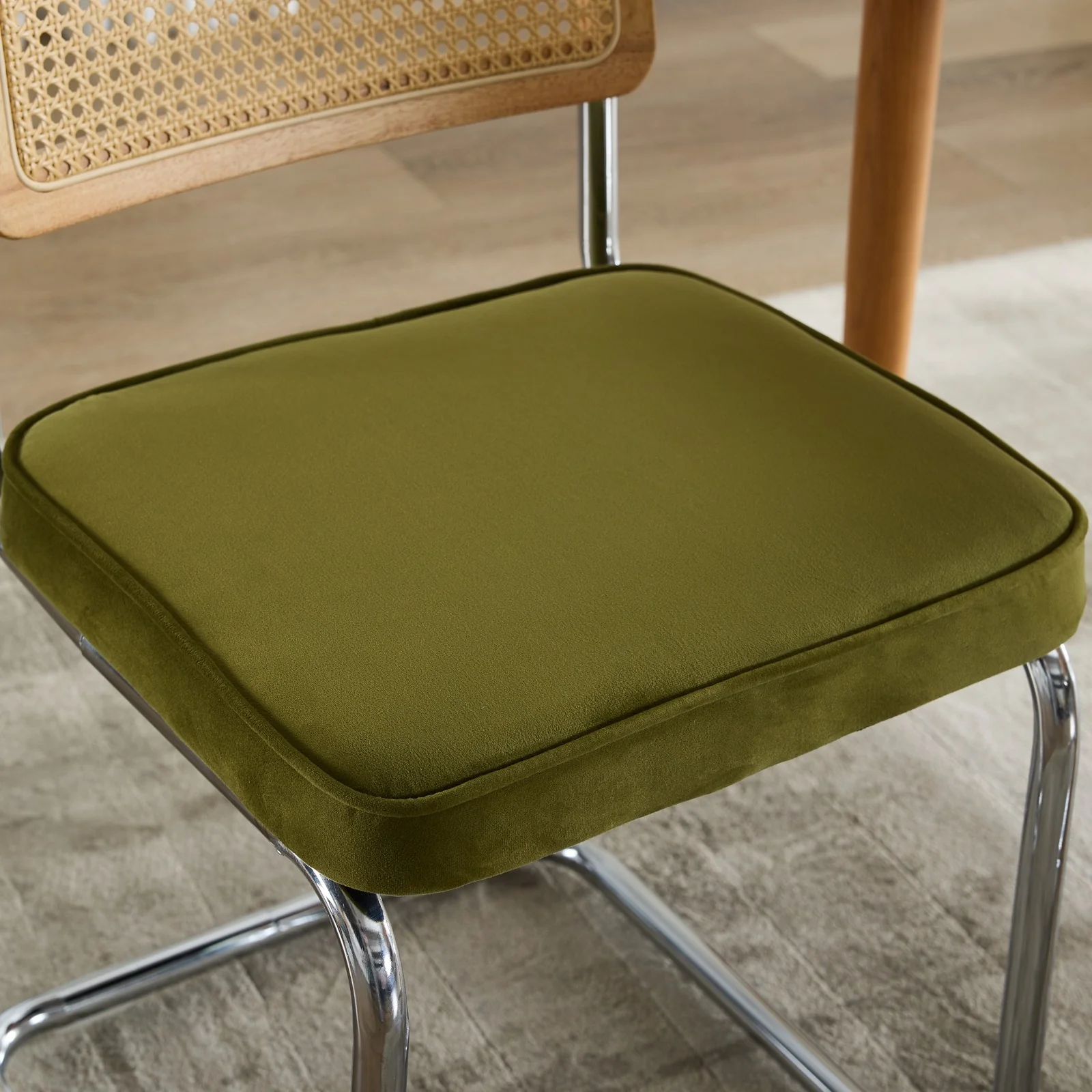 Dining Chairs Set of 2 Mid Century Modern Velvet Cane Back Chrome Base - Olive Green - Image 10