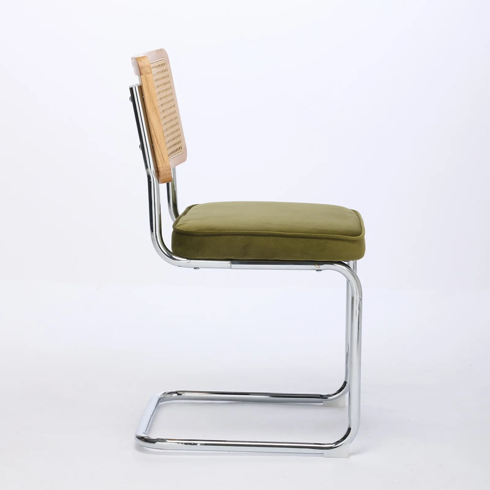 Dining Chairs Set of 2 Mid Century Modern Velvet Cane Back Chrome Base - Olive Green - Image 4