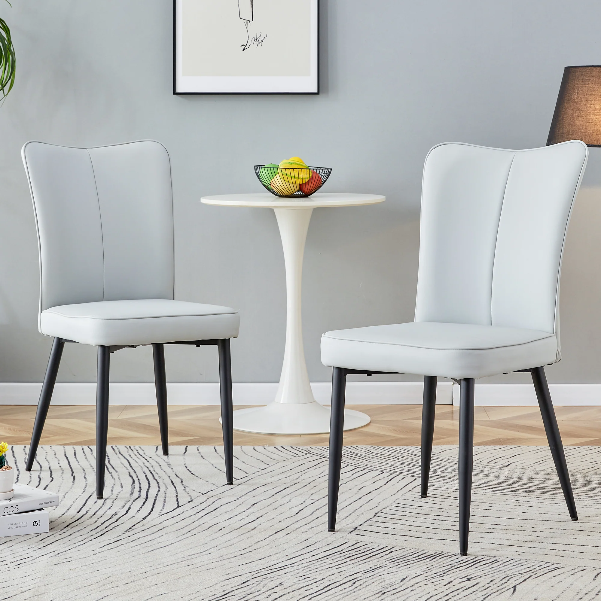 Dining Chairs Set of 2 Modern 89cm High PU Black Metal Legs Light Grey - Image 2