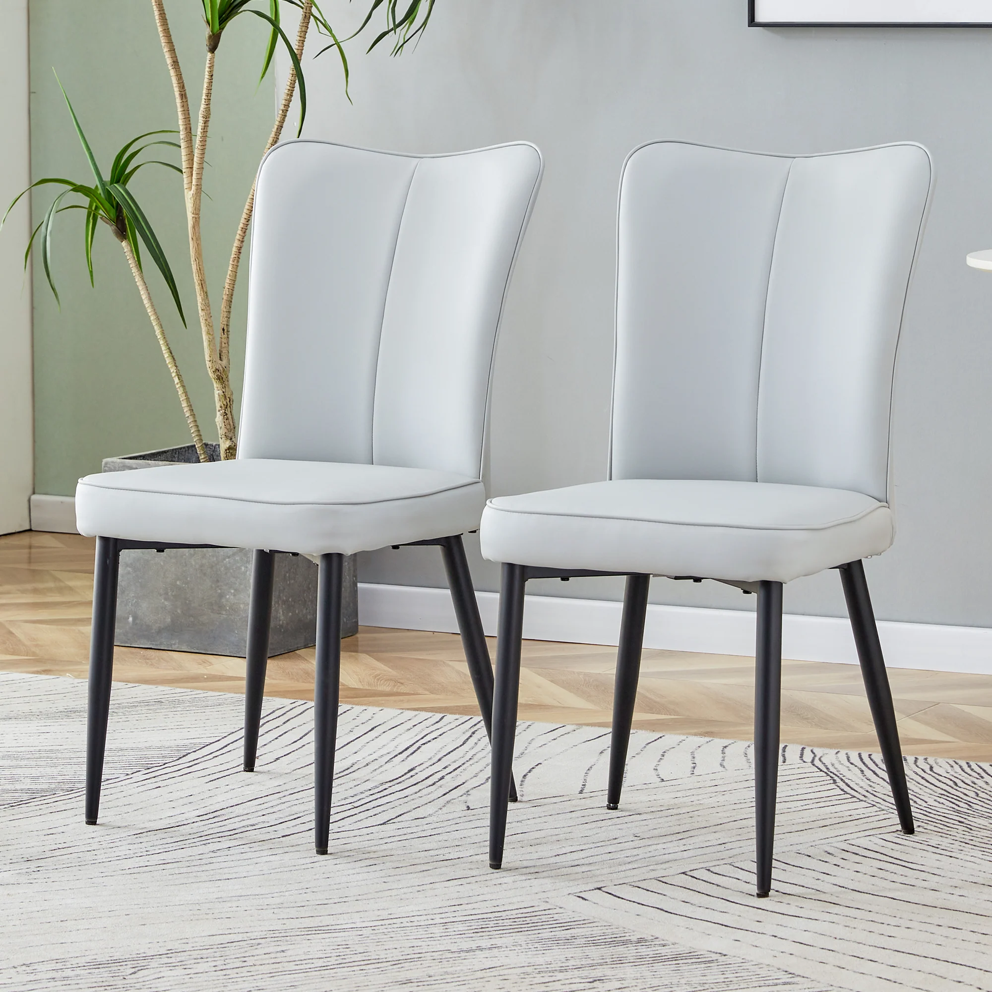 Dining Chairs Set of 2 Modern 89cm High PU Black Metal Legs Light Grey - Image 3