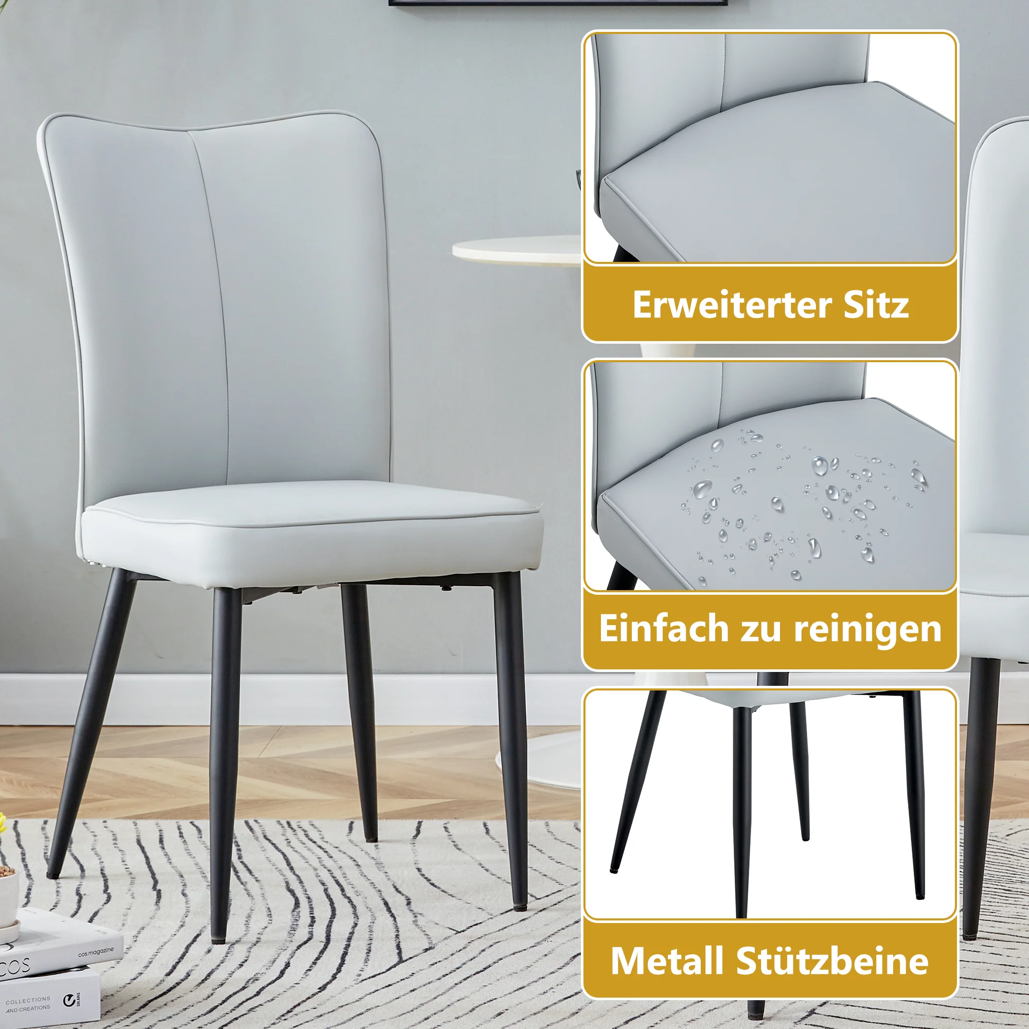 Dining Chairs Set of 2 Modern 89cm High PU Black Metal Legs Light Grey - Image 5