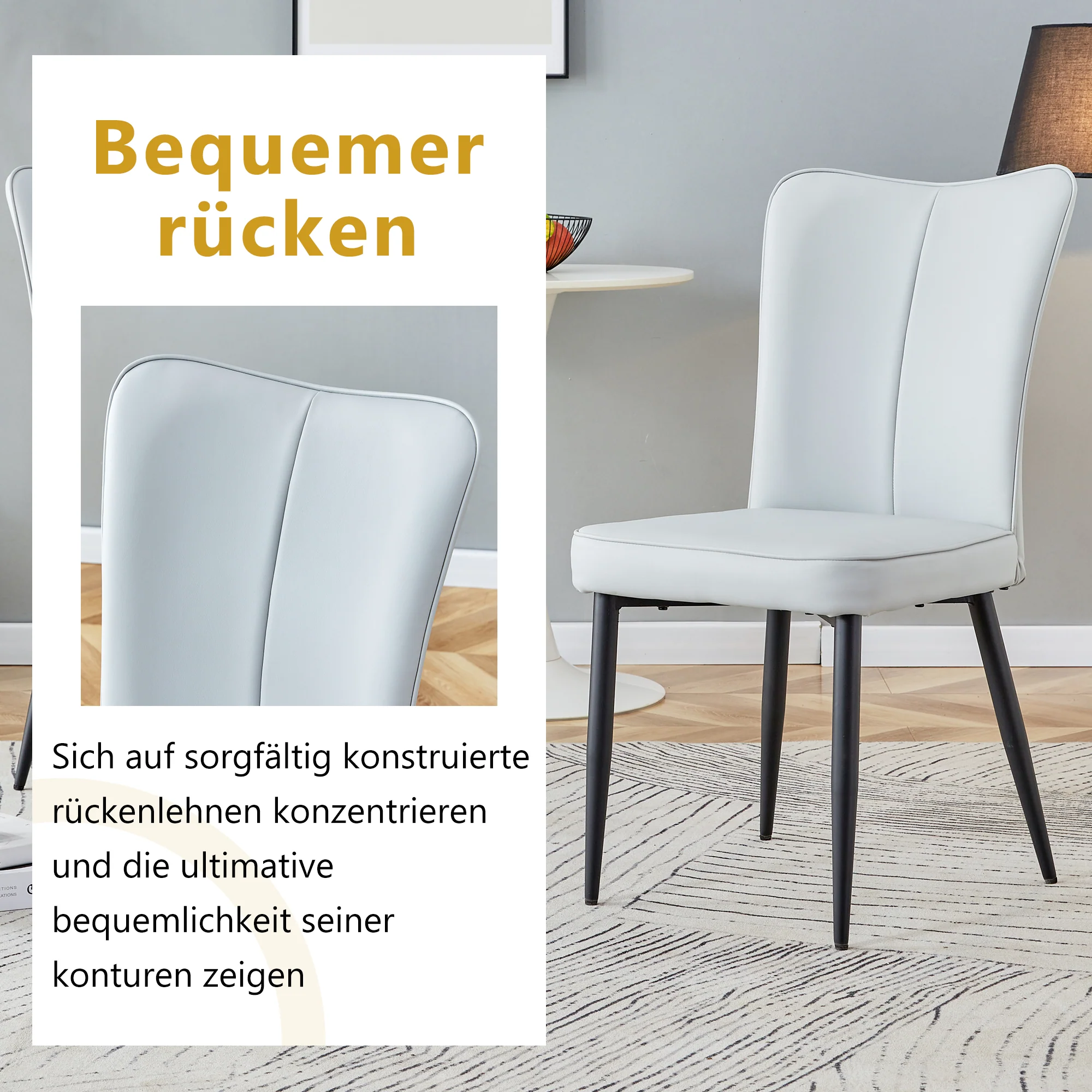 Dining Chairs Set of 2 Modern 89cm High PU Black Metal Legs Light Grey - Image 6