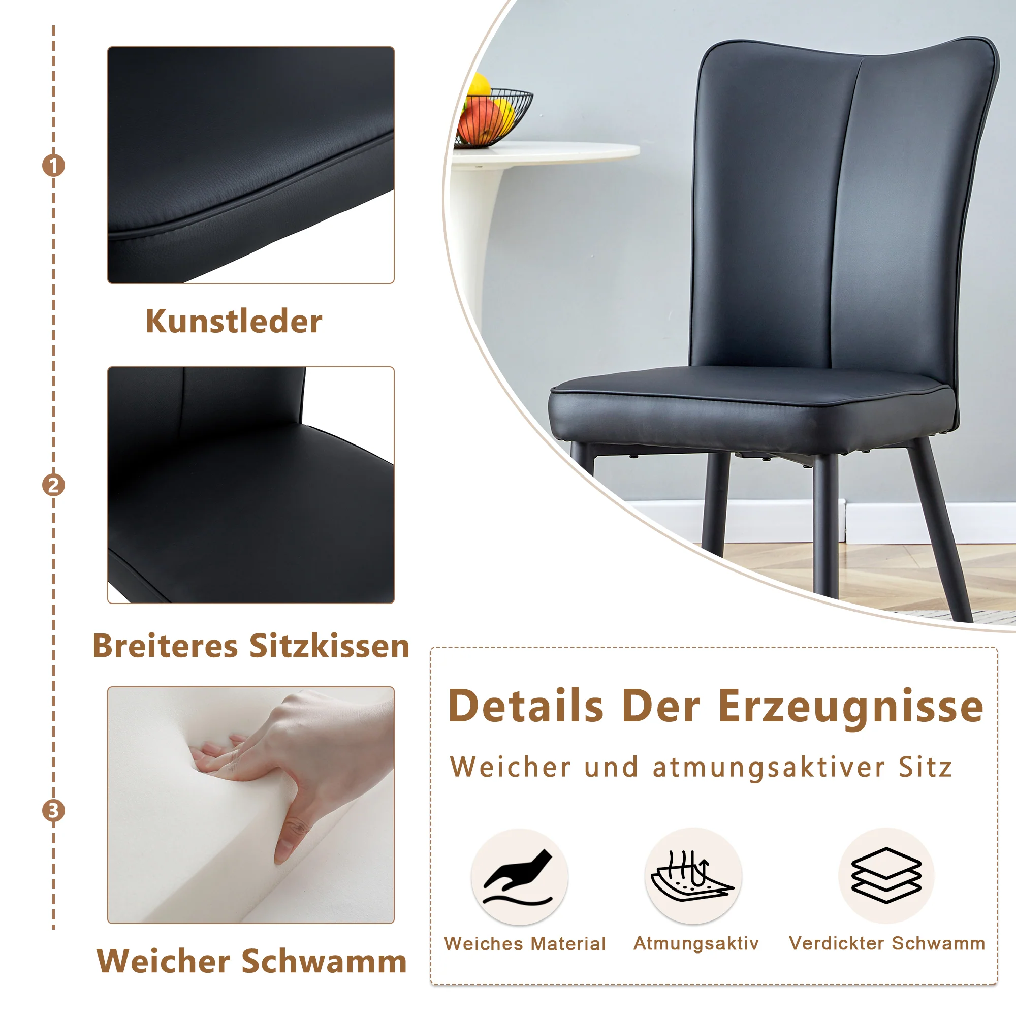 Dining Chairs Set of 2 Modern Design 89cm High - Black PU - Image 6