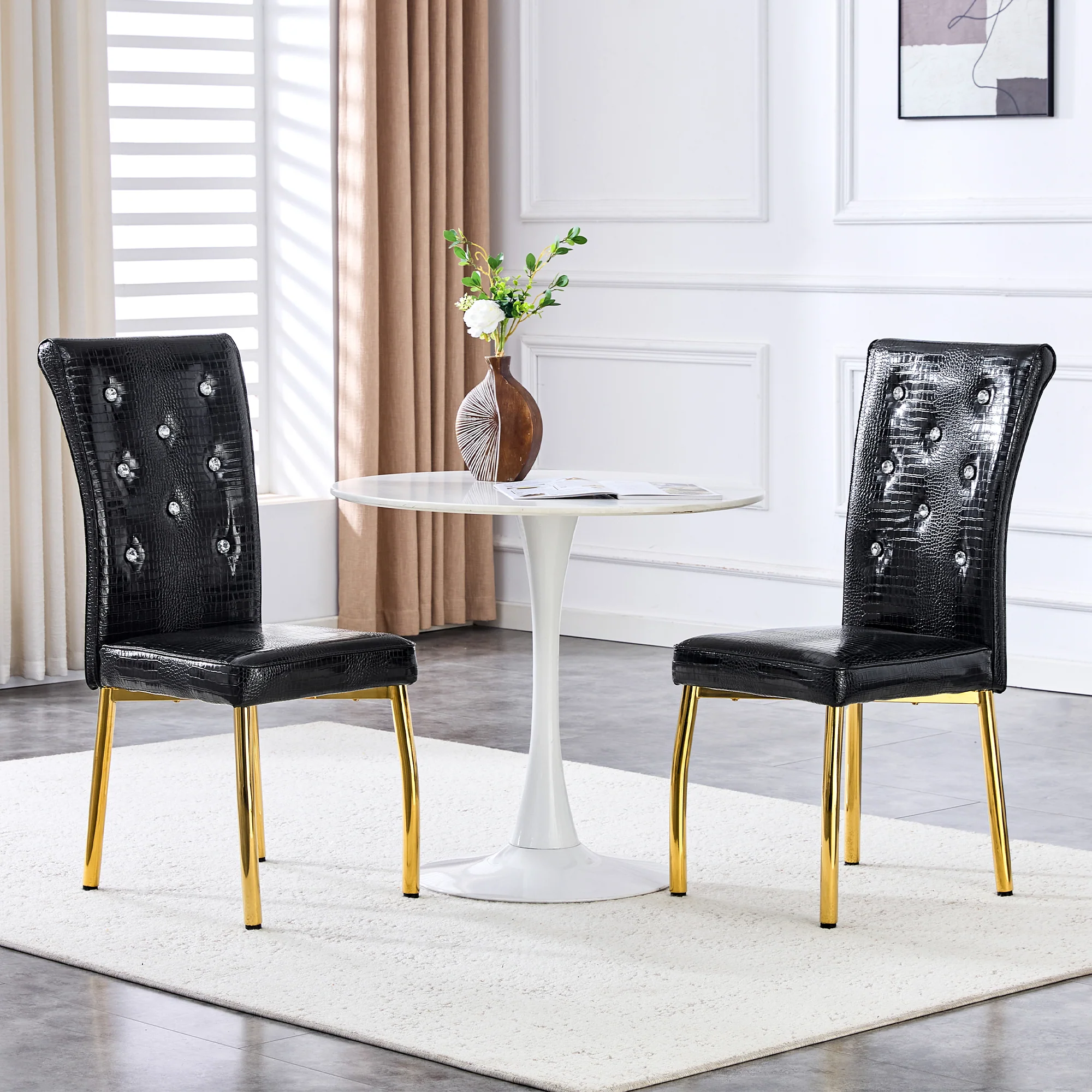 Dining Chairs Set of 2 Retro Upholstered Alligator-Skin Crystal Buckle Gold Legs Faux Leather