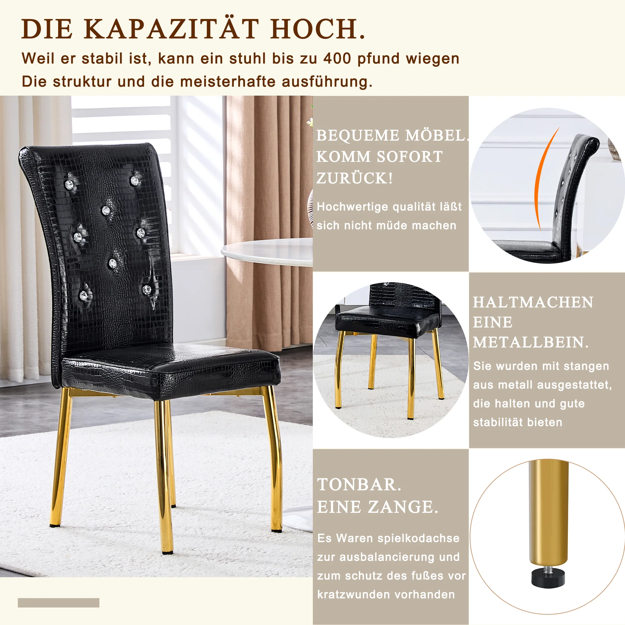 Dining Chairs Set of 2 Retro Upholstered Alligator-Skin Crystal Buckle Gold Legs Faux Leather - Image 10