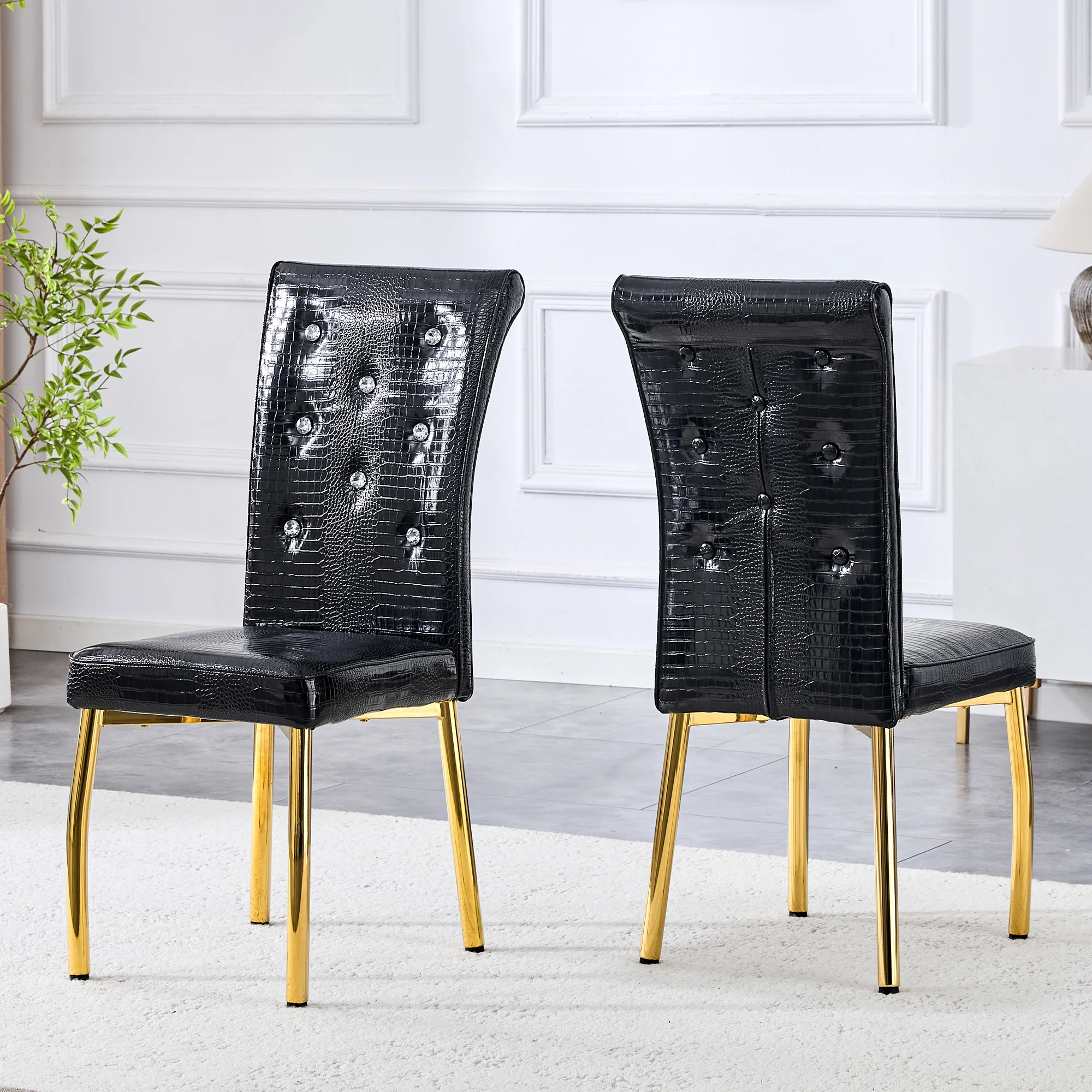Dining Chairs Set of 2 Retro Upholstered Alligator-Skin Crystal Buckle Gold Legs Faux Leather - Image 3