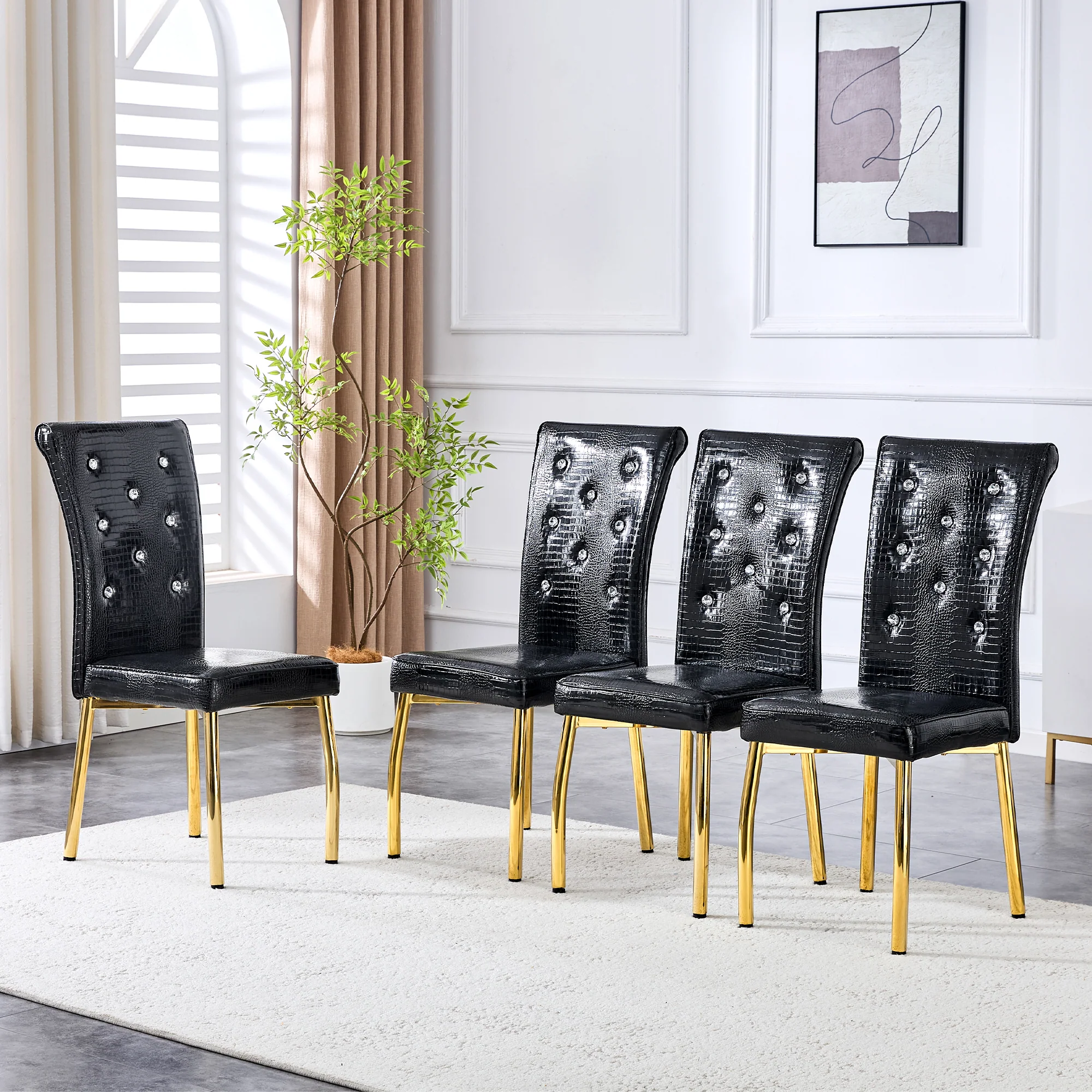 Dining Chairs Set of 2 Retro Upholstered Alligator-Skin Crystal Buckle Gold Legs Faux Leather - Image 4