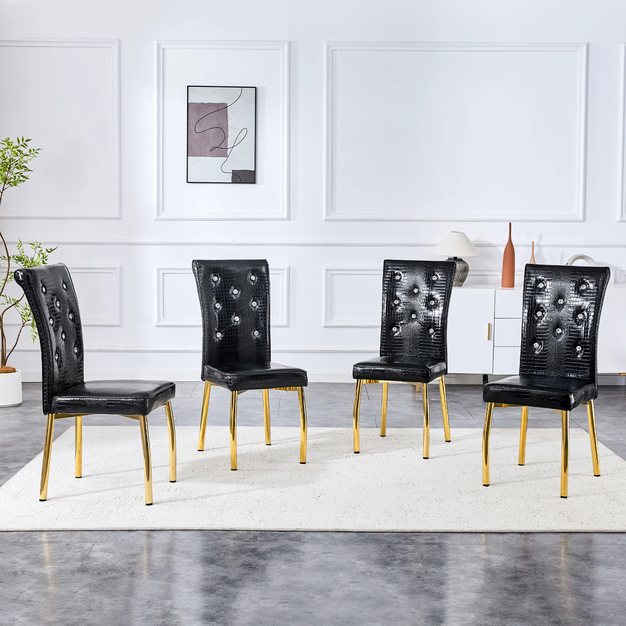 Dining Chairs Set of 2 Retro Upholstered Alligator-Skin Crystal Buckle Gold Legs Faux Leather - Image 5