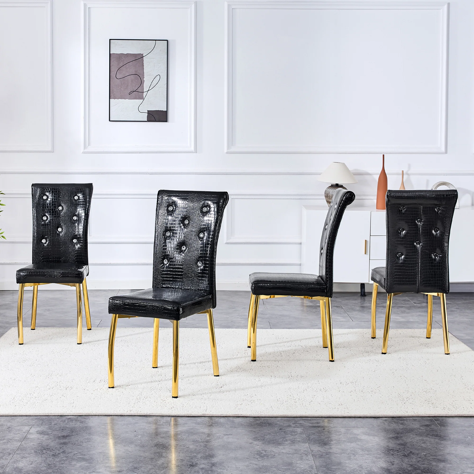 Dining Chairs Set of 2 Retro Upholstered Alligator-Skin Crystal Buckle Gold Legs Faux Leather - Image 6