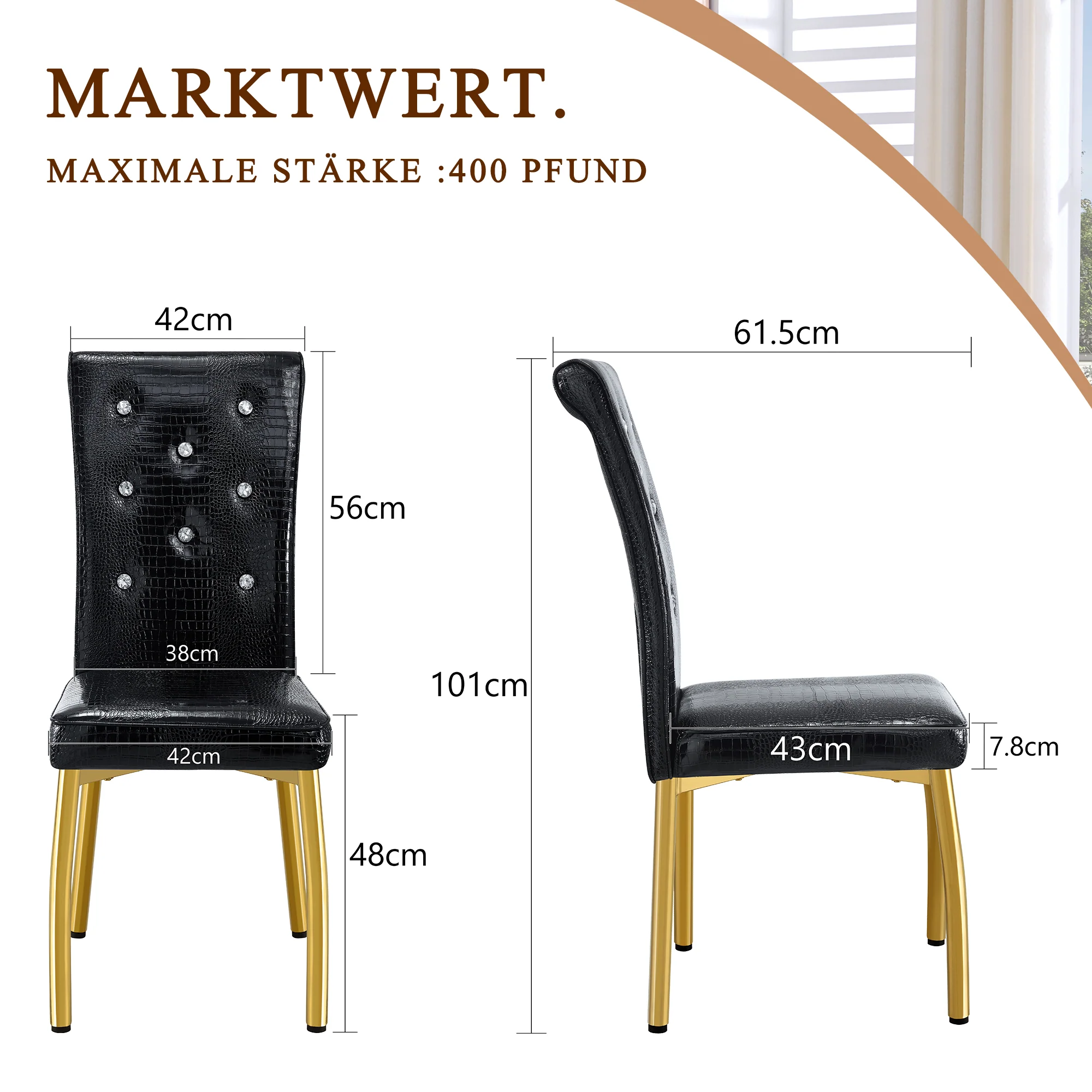 Dining Chairs Set of 2 Retro Upholstered Alligator-Skin Crystal Buckle Gold Legs Faux Leather - Image 7