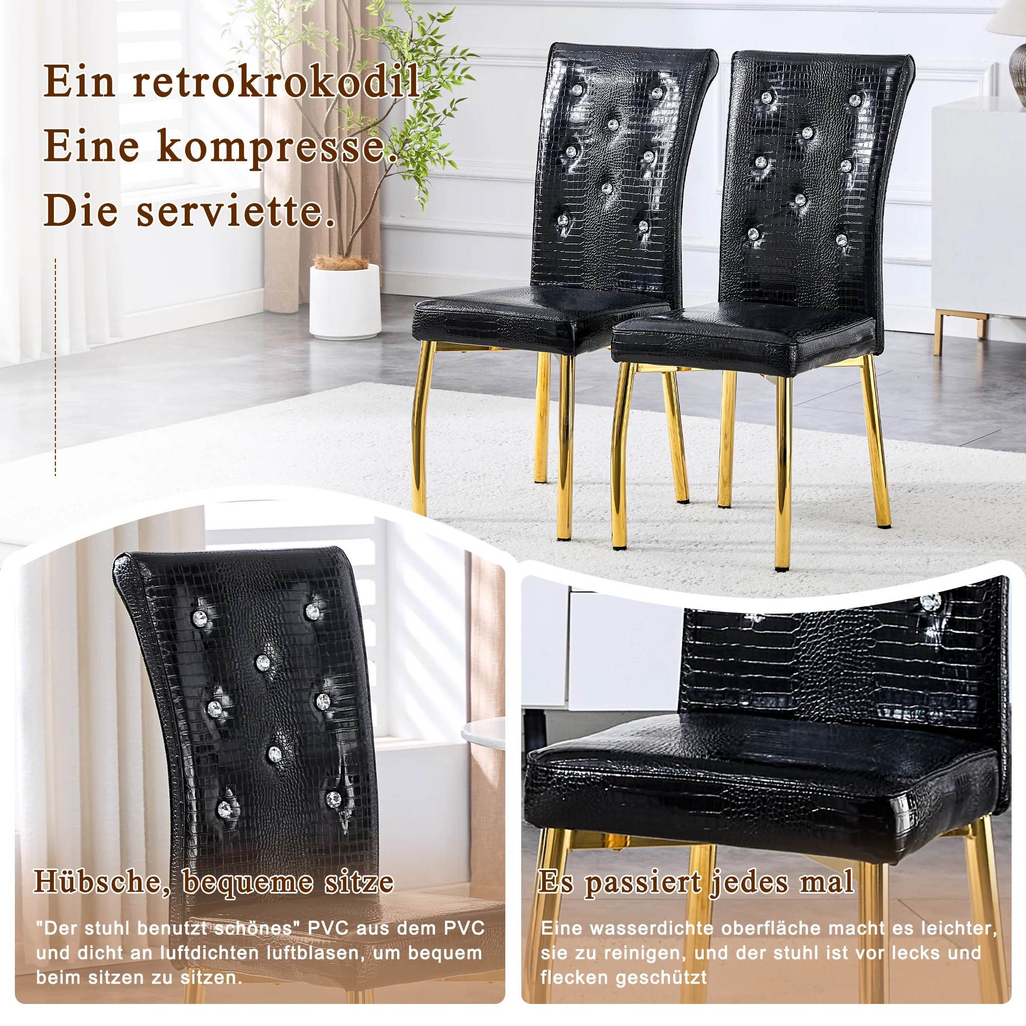 Dining Chairs Set of 2 Retro Upholstered Alligator-Skin Crystal Buckle Gold Legs Faux Leather - Image 8