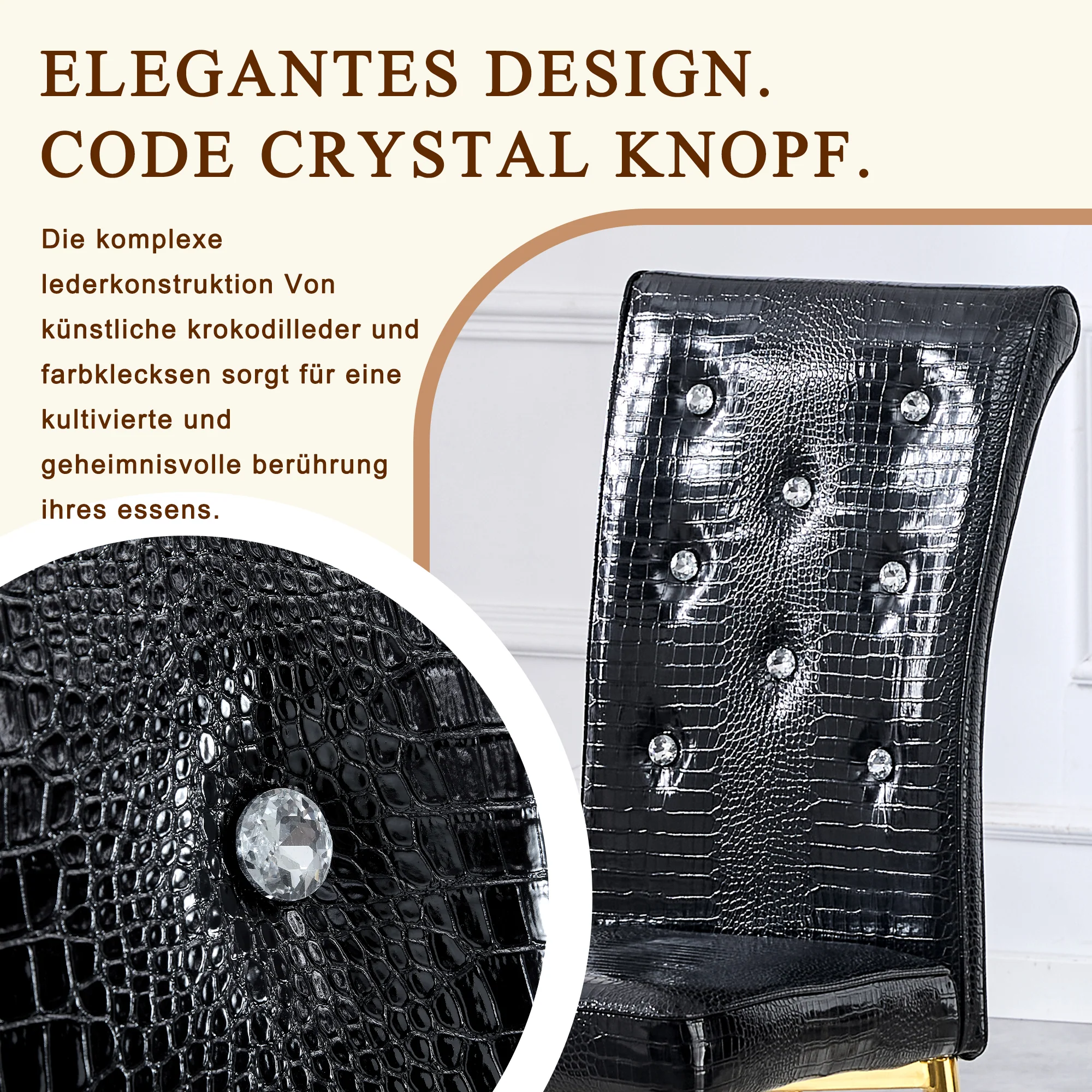 Dining Chairs Set of 2 Retro Upholstered Alligator-Skin Crystal Buckle Gold Legs Faux Leather - Image 9
