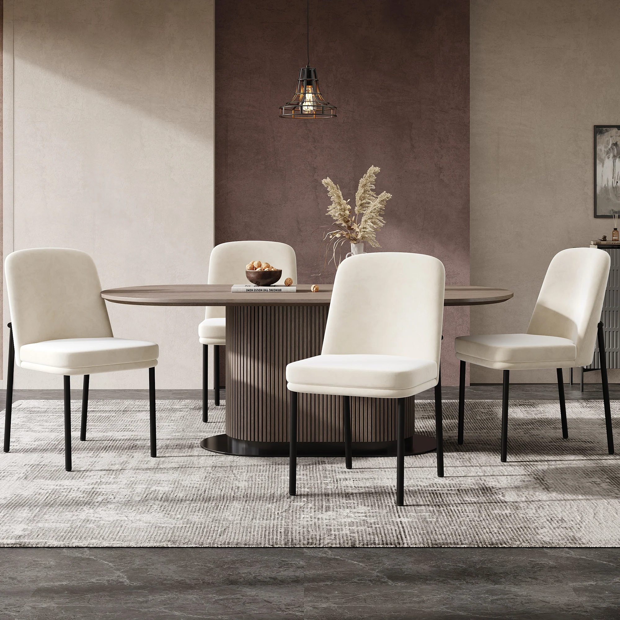 Dining Chairs Set of 2 Thickened Cushion Black Metal Legs Modern Minimalist - Velvet Beige - Image 10