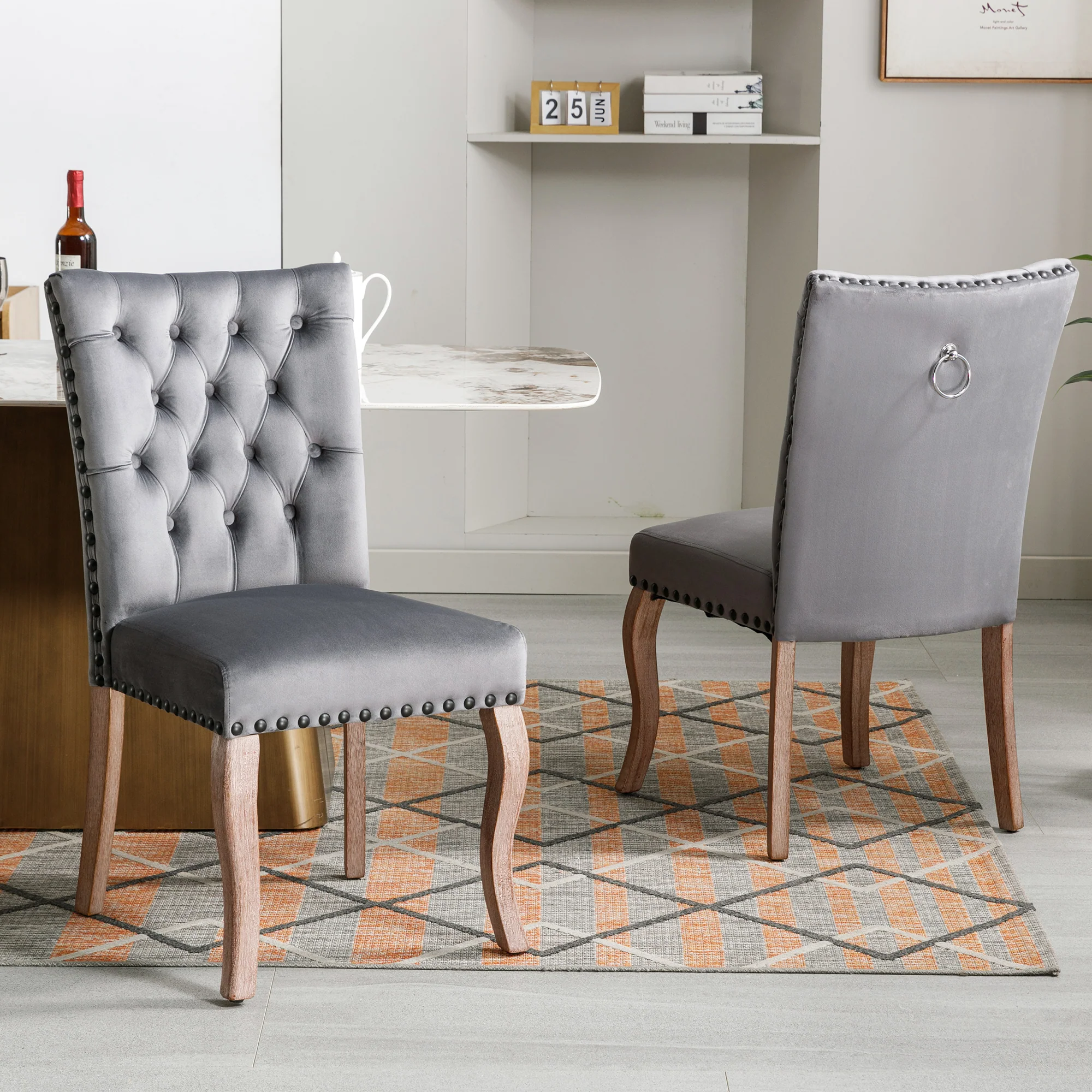 Dining Chairs (Set of 2) Upholstered Door Knocker Back Solid Wood Legs Grey Velvet - Image 2