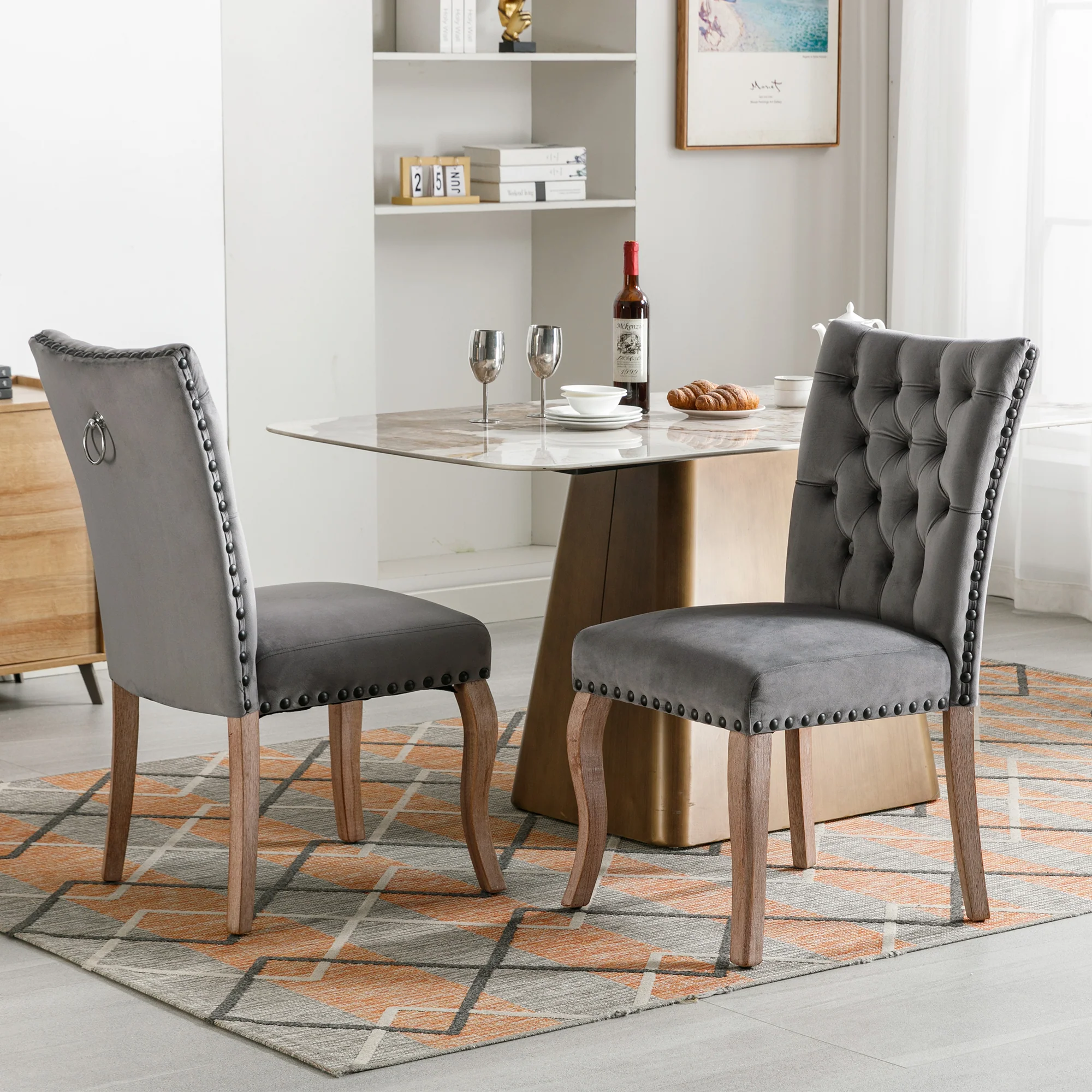 Dining Chairs (Set of 2) Upholstered Door Knocker Back Solid Wood Legs Grey Velvet - Image 3