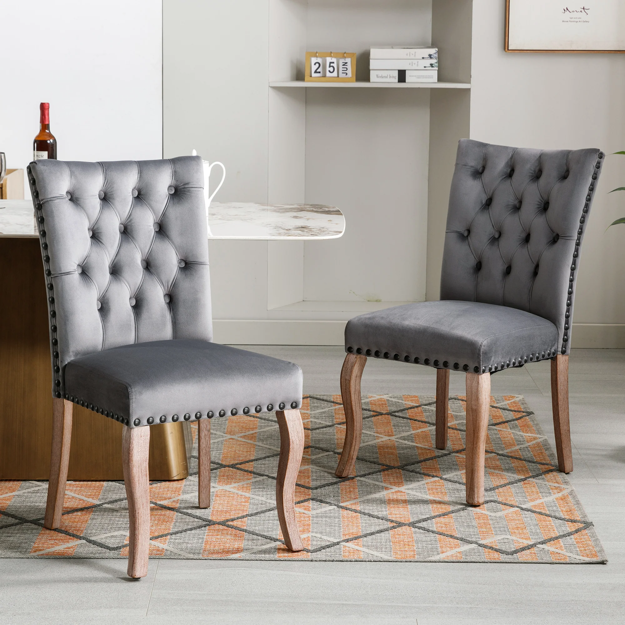 Dining Chairs (Set of 2) Upholstered Door Knocker Back Solid Wood Legs Grey Velvet - Image 4