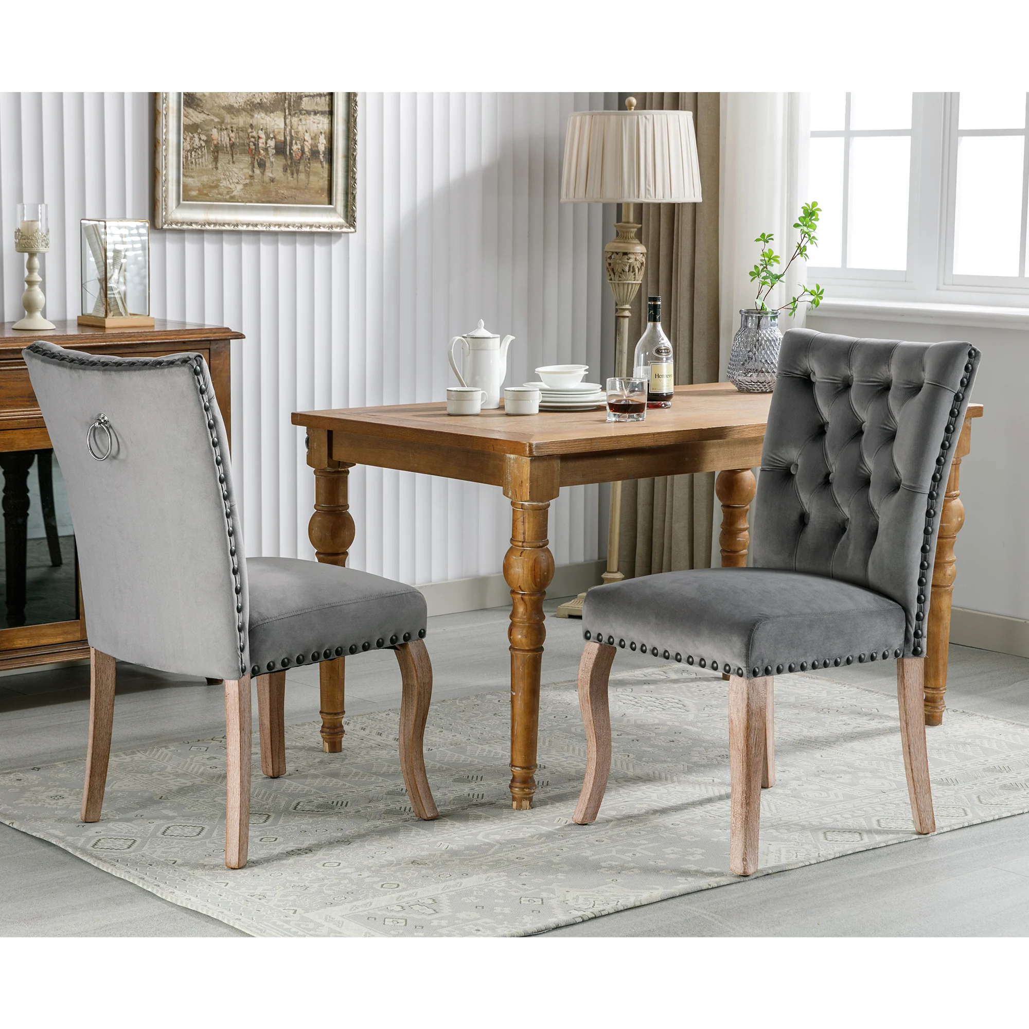 Dining Chairs (Set of 2) Upholstered Door Knocker Back Solid Wood Legs Grey Velvet - Image 5