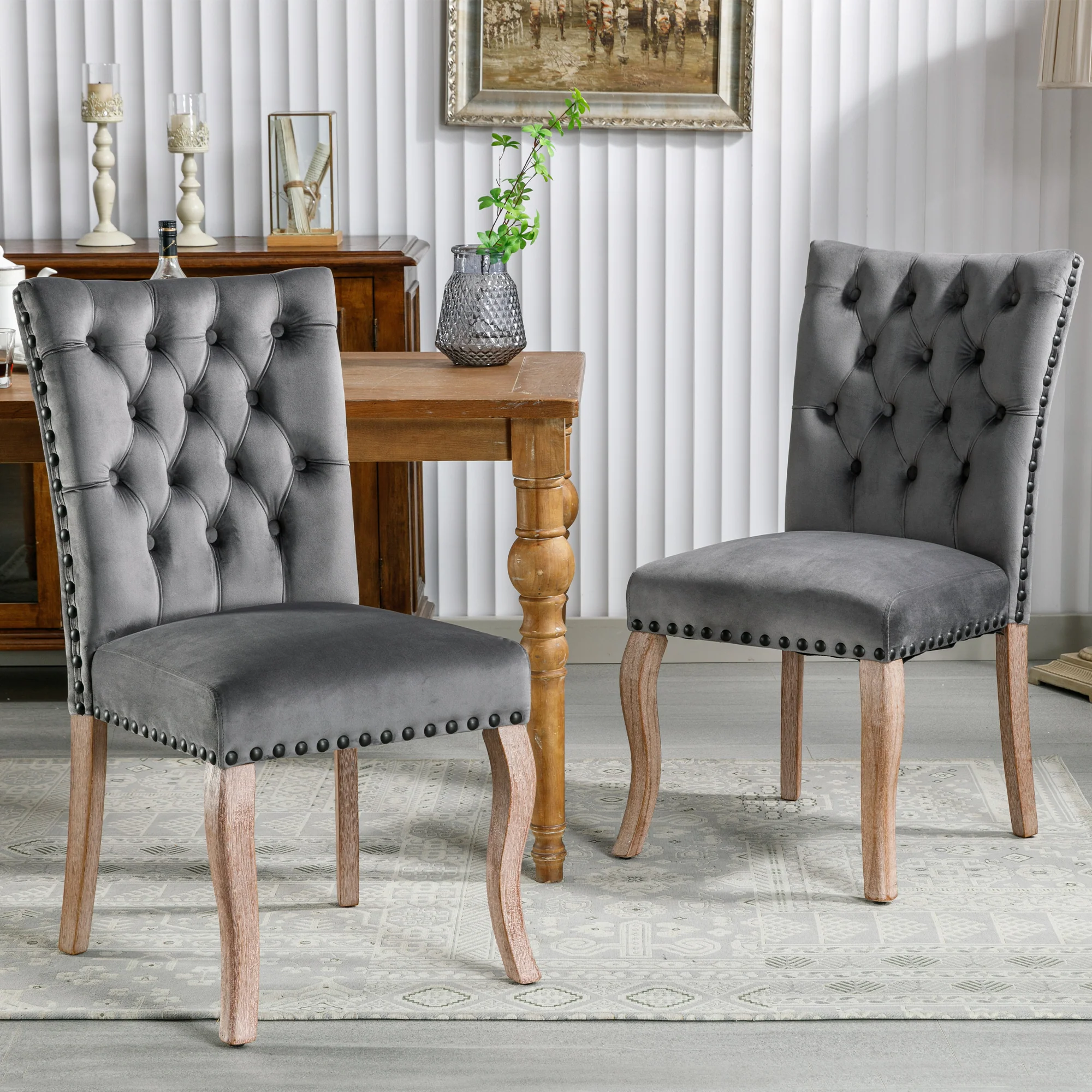 Dining Chairs (Set of 2) Upholstered Door Knocker Back Solid Wood Legs Grey Velvet - Image 6