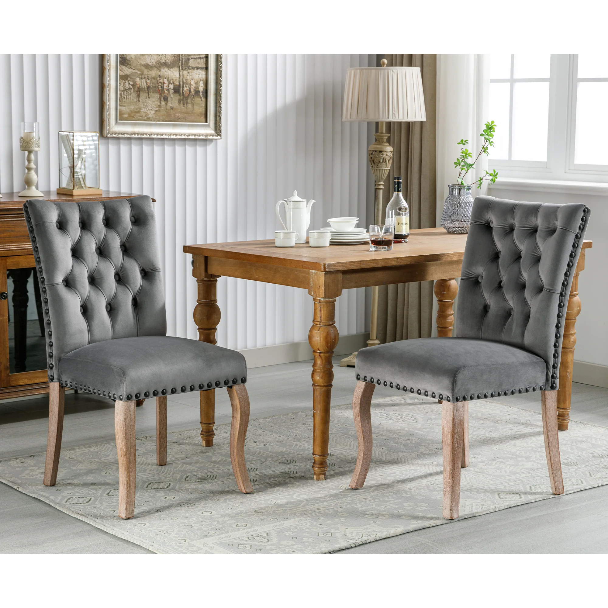 Dining Chairs (Set of 2) Upholstered Door Knocker Back Solid Wood Legs Grey Velvet - Image 7
