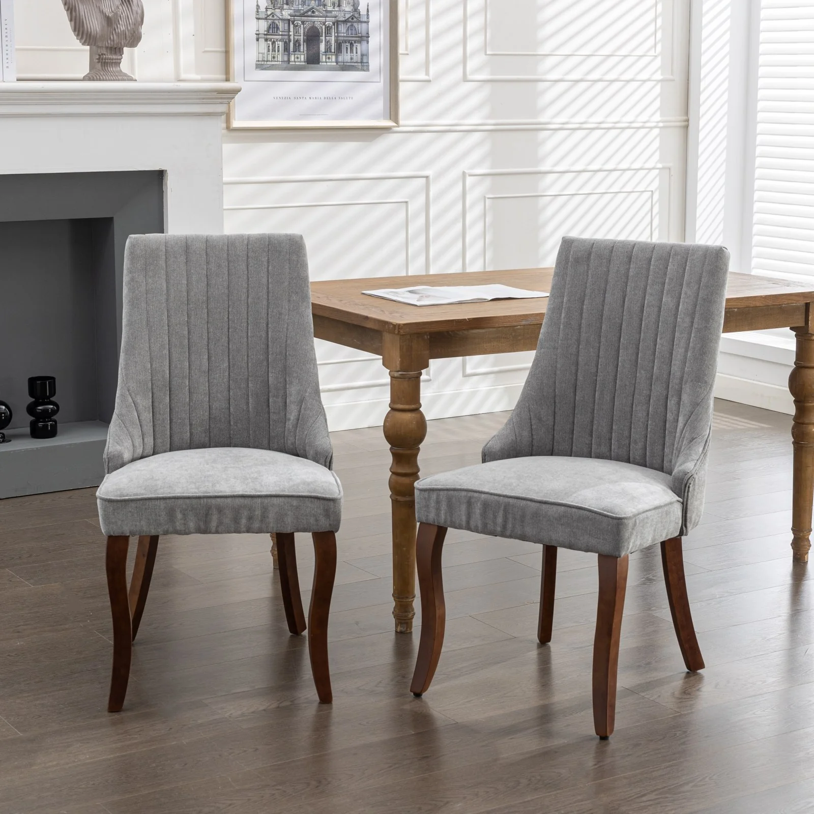 Dining Chairs Set of 2 Upholstered Fabric Curved Solid Wood Legs - Gray