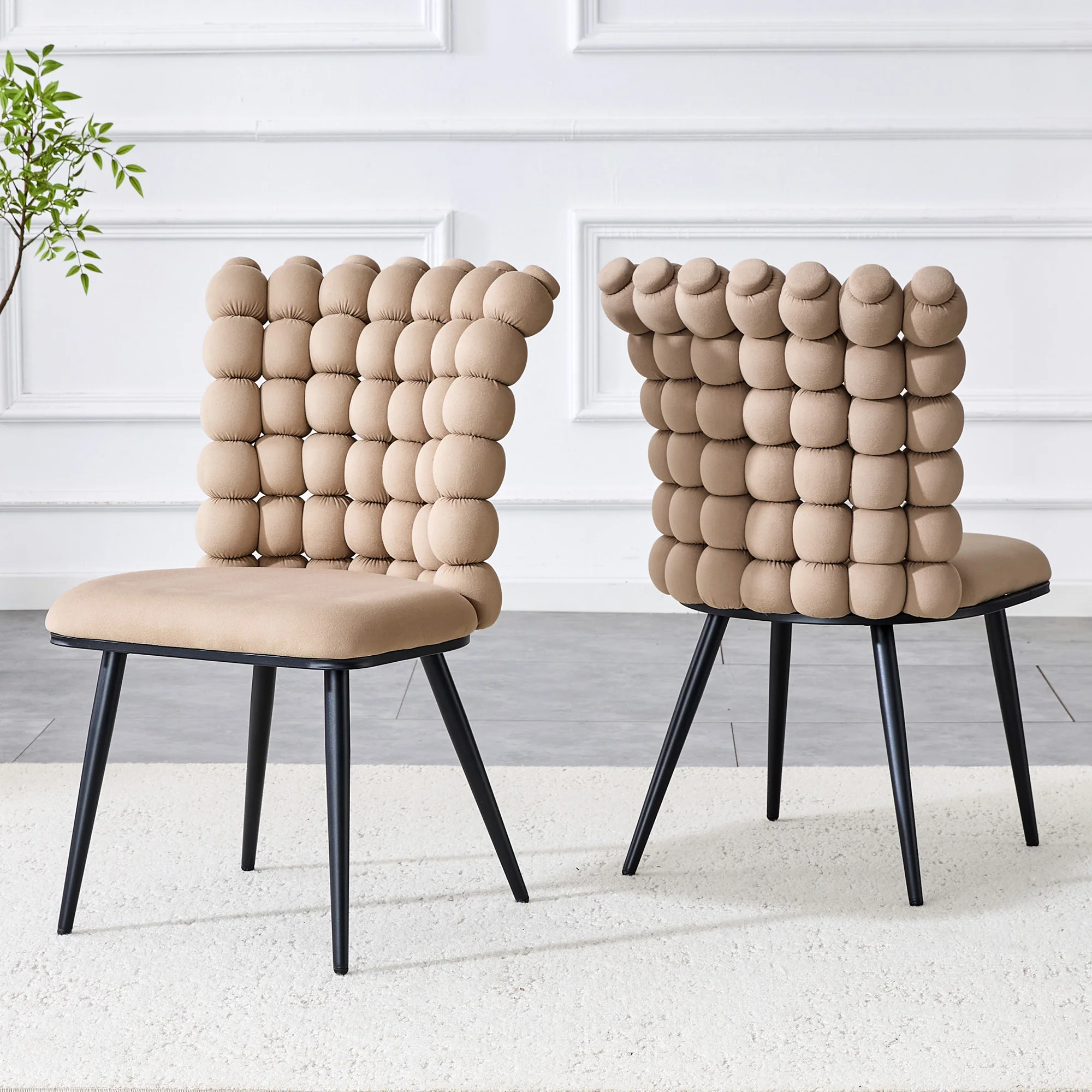 Dining Chairs (Set of 2) Velvet Beaded Chain Black Metal Legs - Camel - Image 2