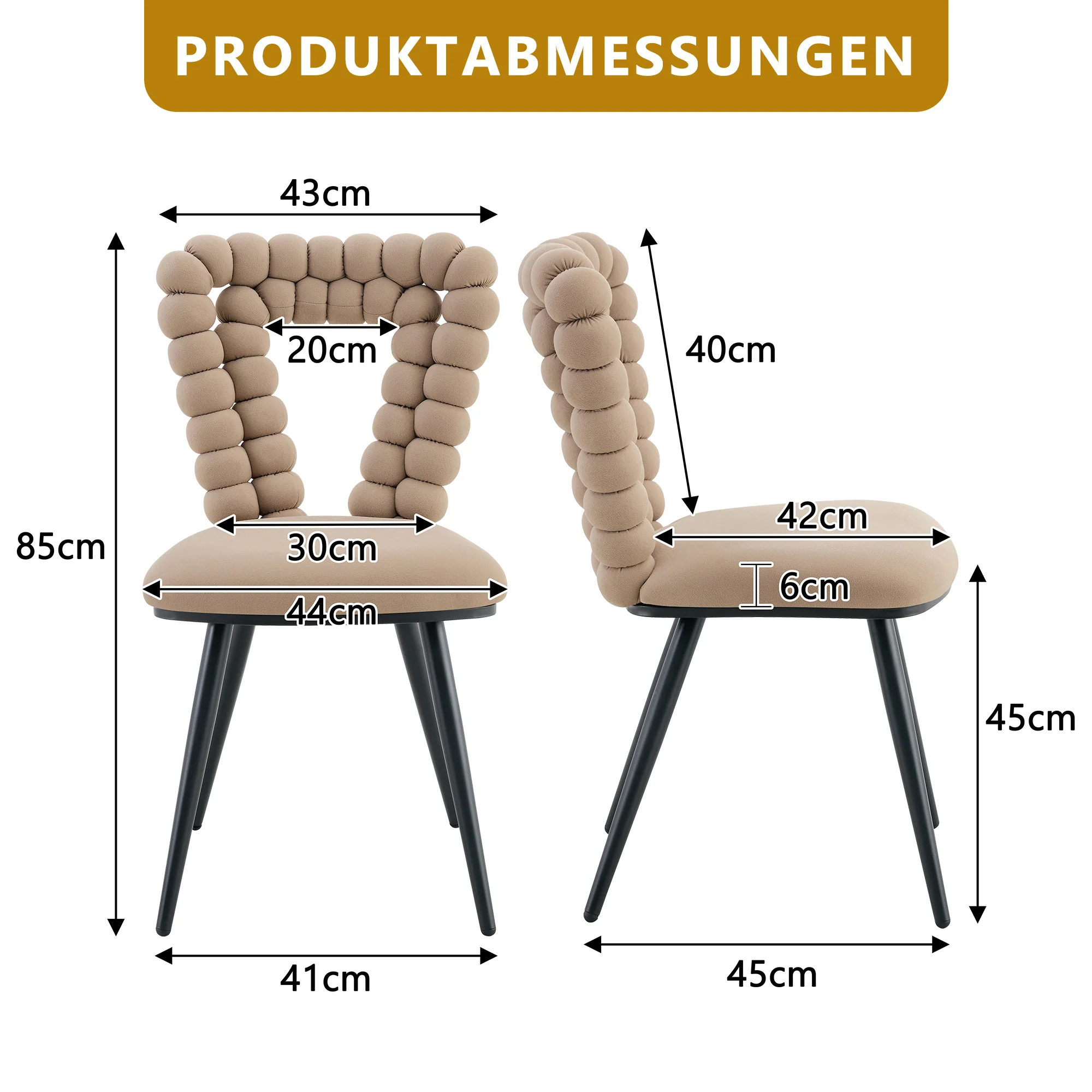 Dining Chairs Set of 2 with Triangular Cutout Backrest and Black Metal Legs Camel Velvet - Image 3