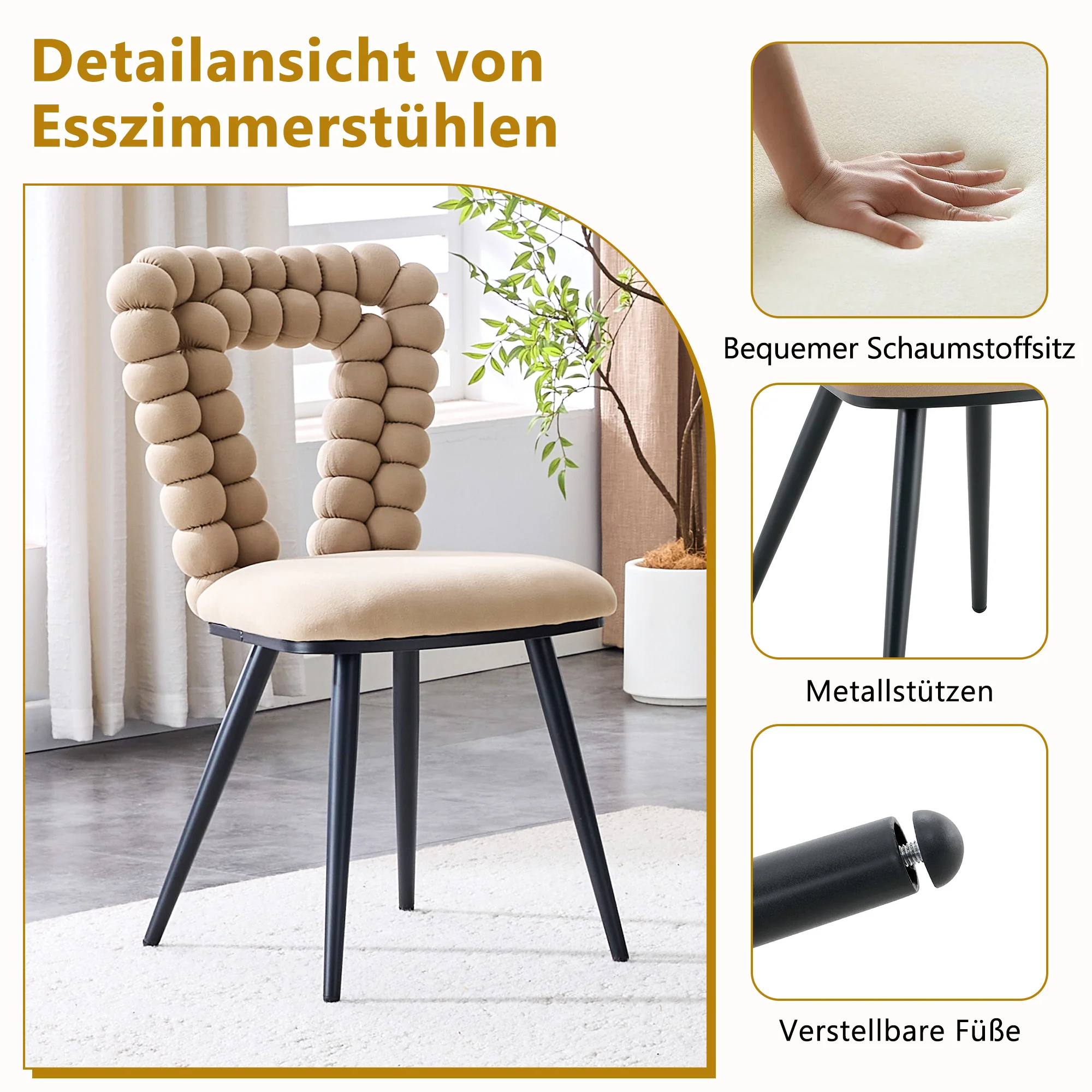 Dining Chairs Set of 2 with Triangular Cutout Backrest and Black Metal Legs Camel Velvet - Image 6