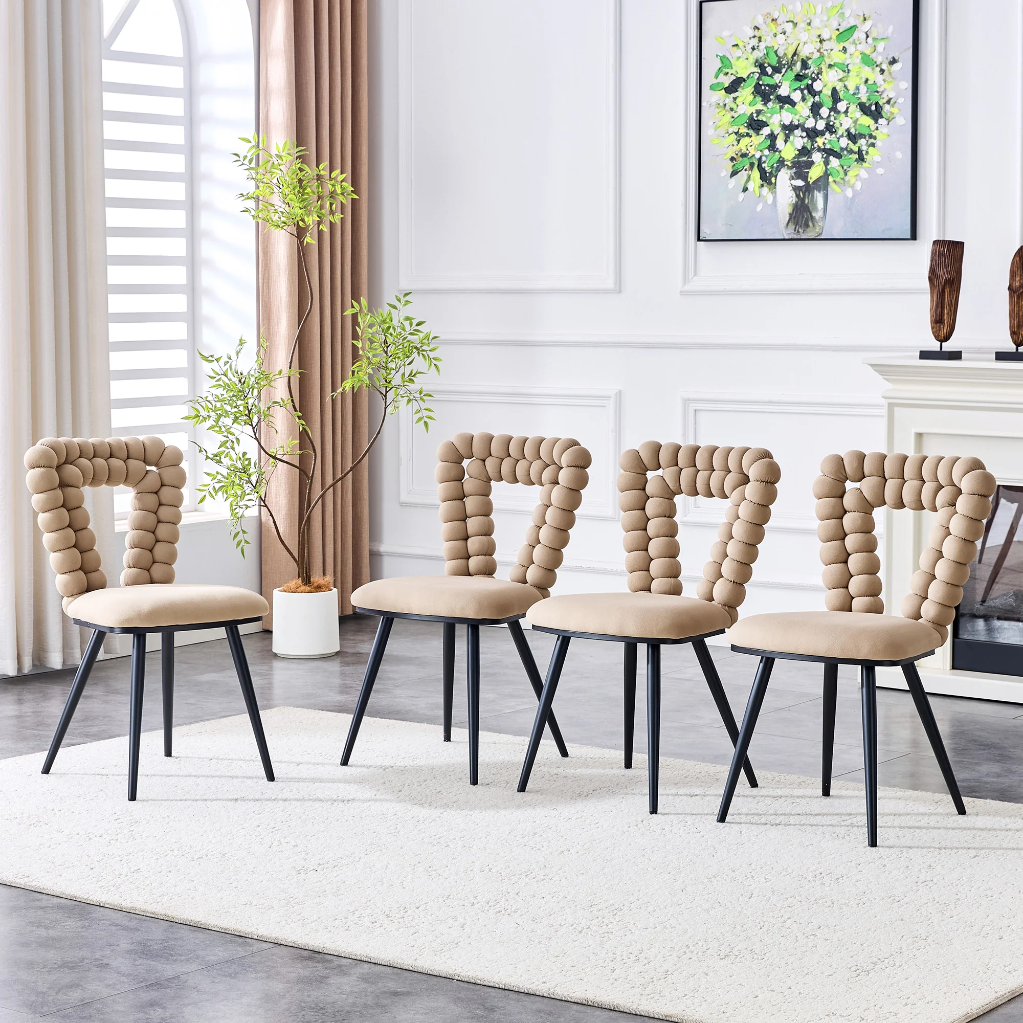 Dining Chairs Set of 2 with Triangular Cutout Backrest and Black Metal Legs Camel Velvet - Image 9