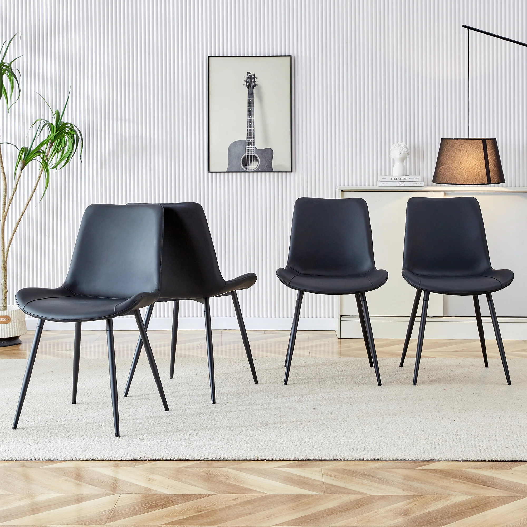 Dining Chairs Set of 4 Modern PU Leather Metal Frame - Black - Image 2