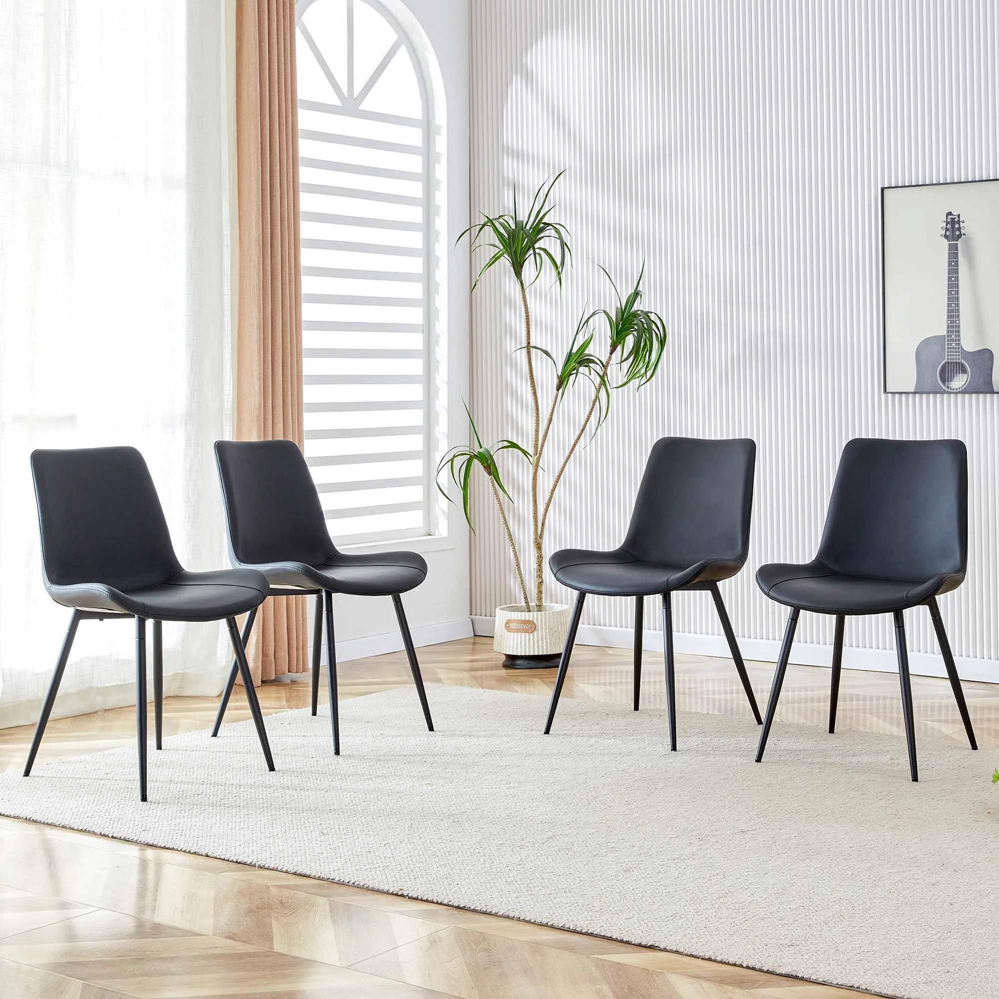 Dining Chairs Set of 4 Modern PU Leather Metal Frame - Black - Image 3