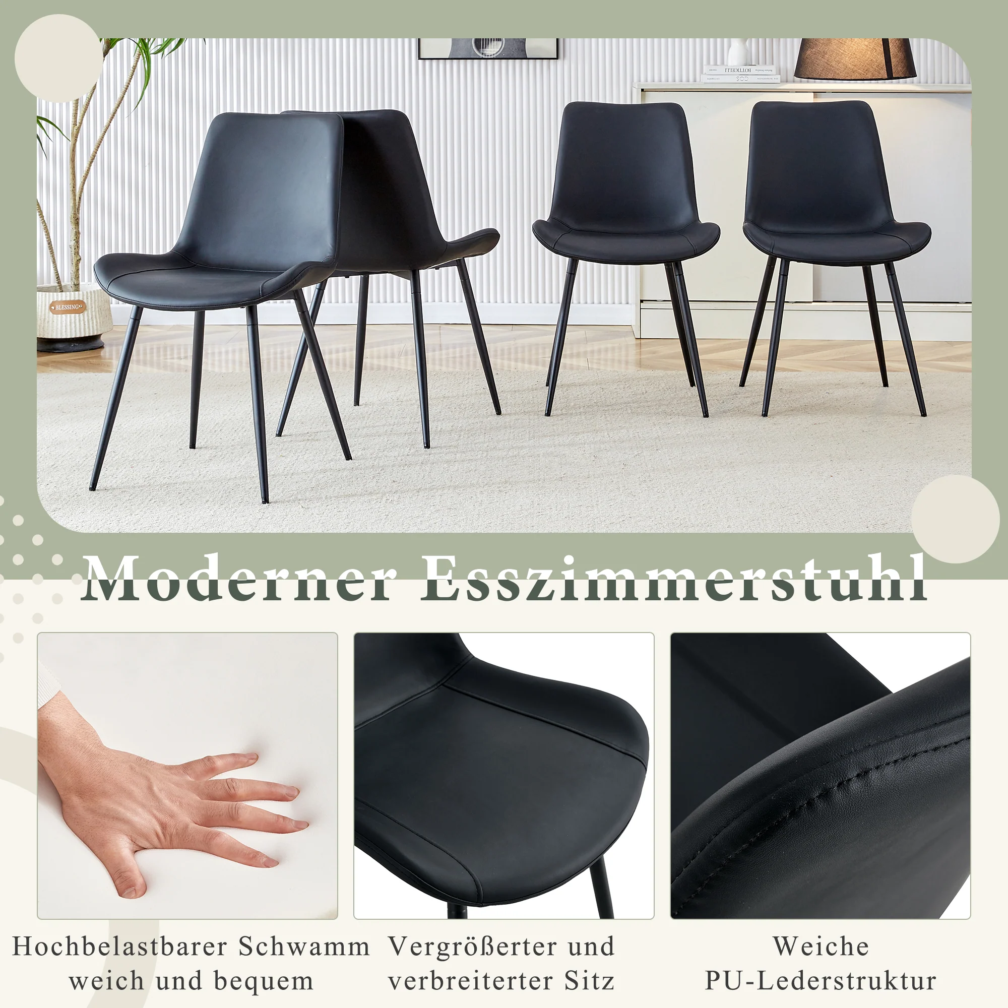 Dining Chairs Set of 4 Modern PU Leather Metal Frame - Black - Image 5
