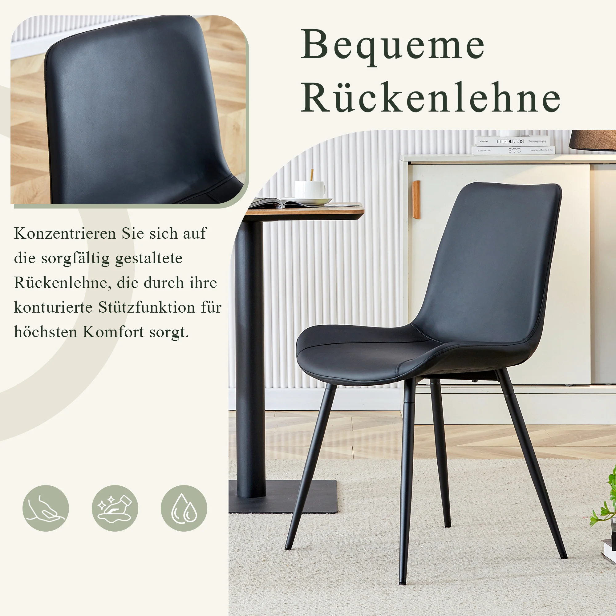 Dining Chairs Set of 4 Modern PU Leather Metal Frame - Black - Image 7