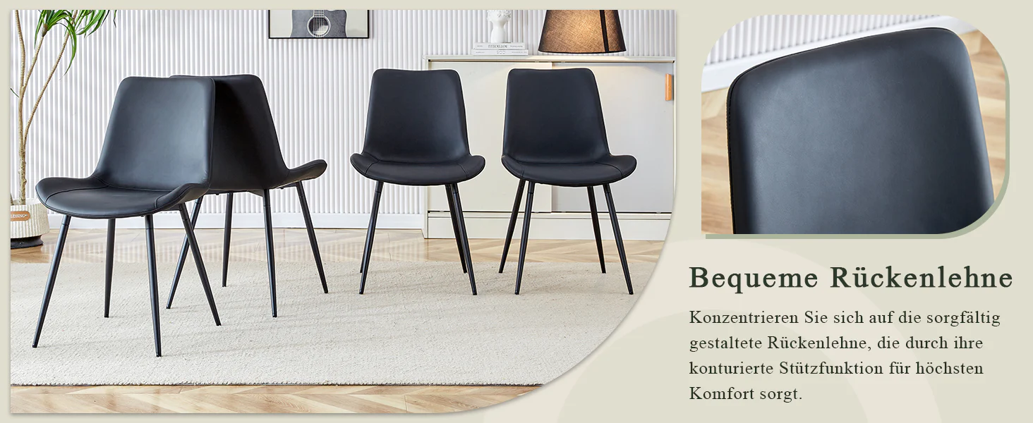 Dining Chairs Set of 4 Modern PU Leather Metal Frame - Black - Image 8
