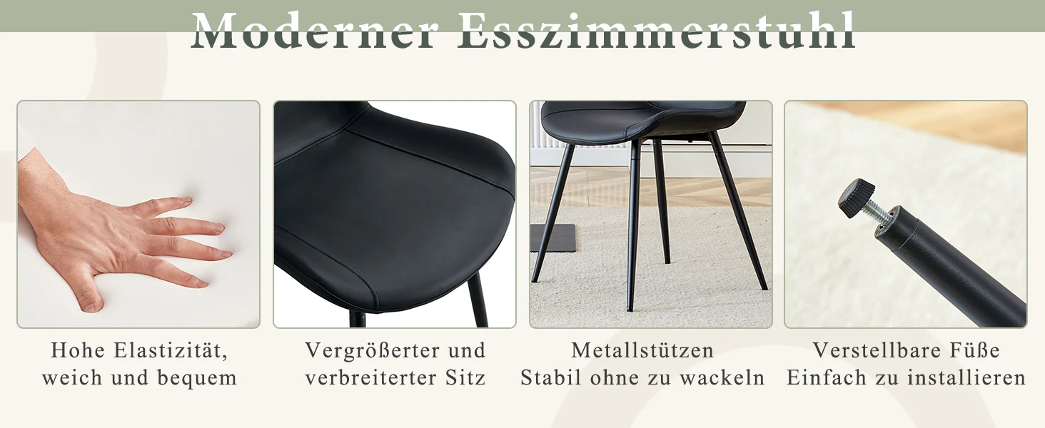 Dining Chairs Set of 4 Modern PU Leather Metal Frame - Black - Image 9