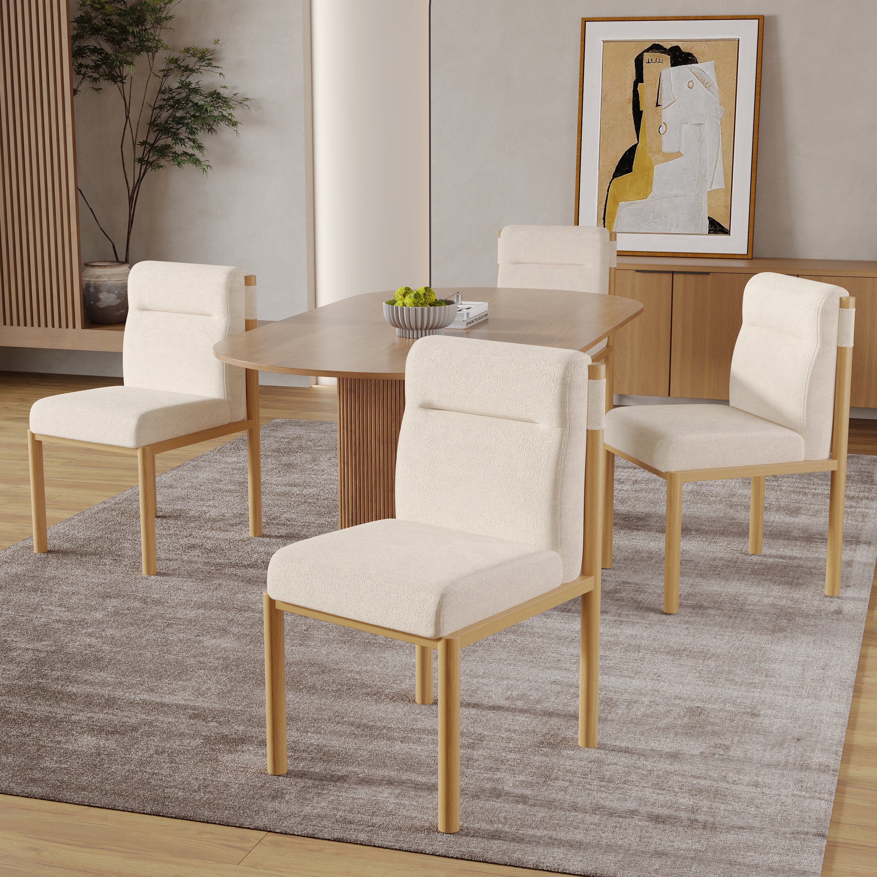 Dining Chairs Set of 4 Oak-Effect Frame Padded Sherpa Beige - Image 2